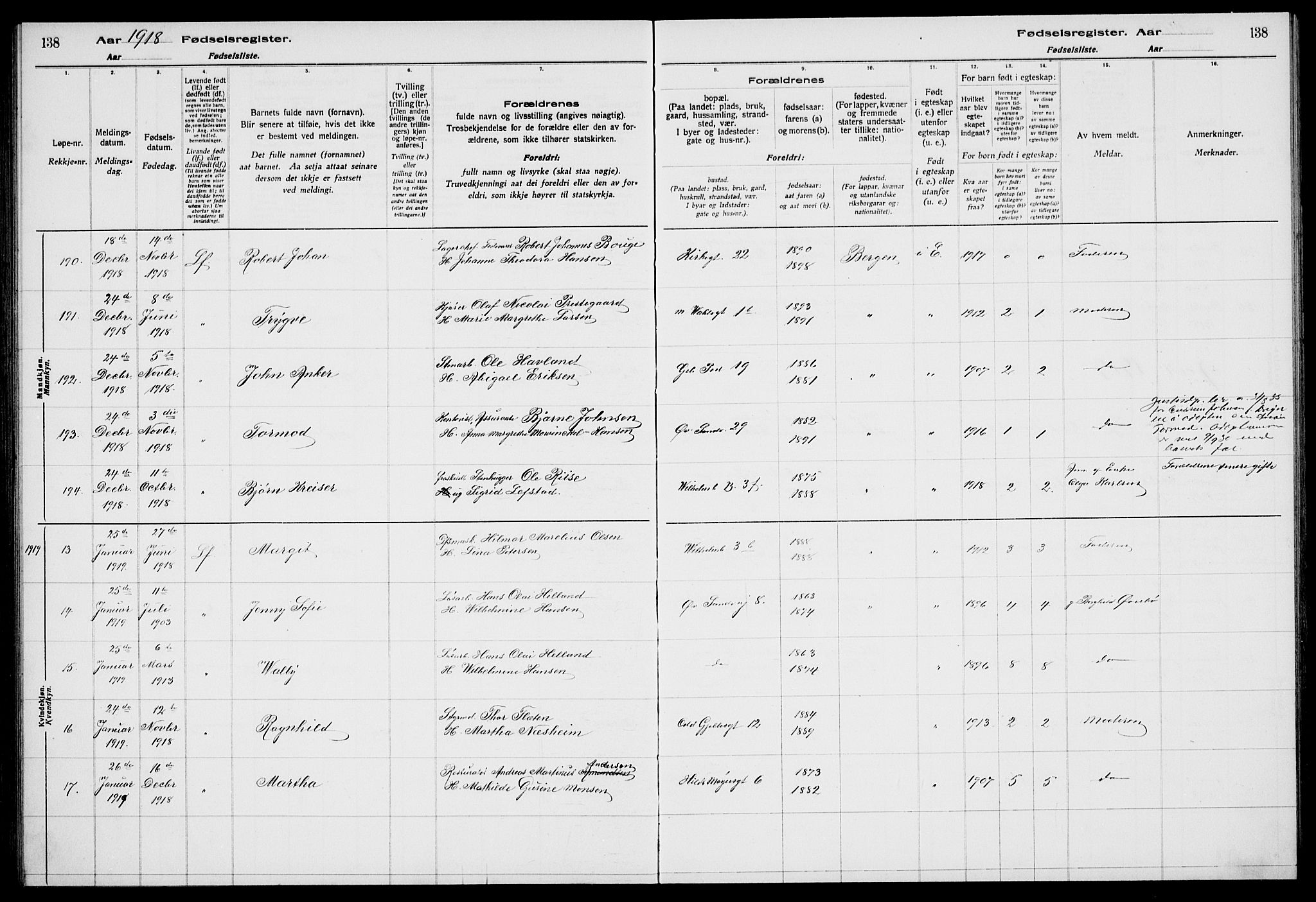 Sandviken Sokneprestembete, AV/SAB-A-77601/I/Ib/L00A1: Birth register no. A 1, 1915-1920, p. 138