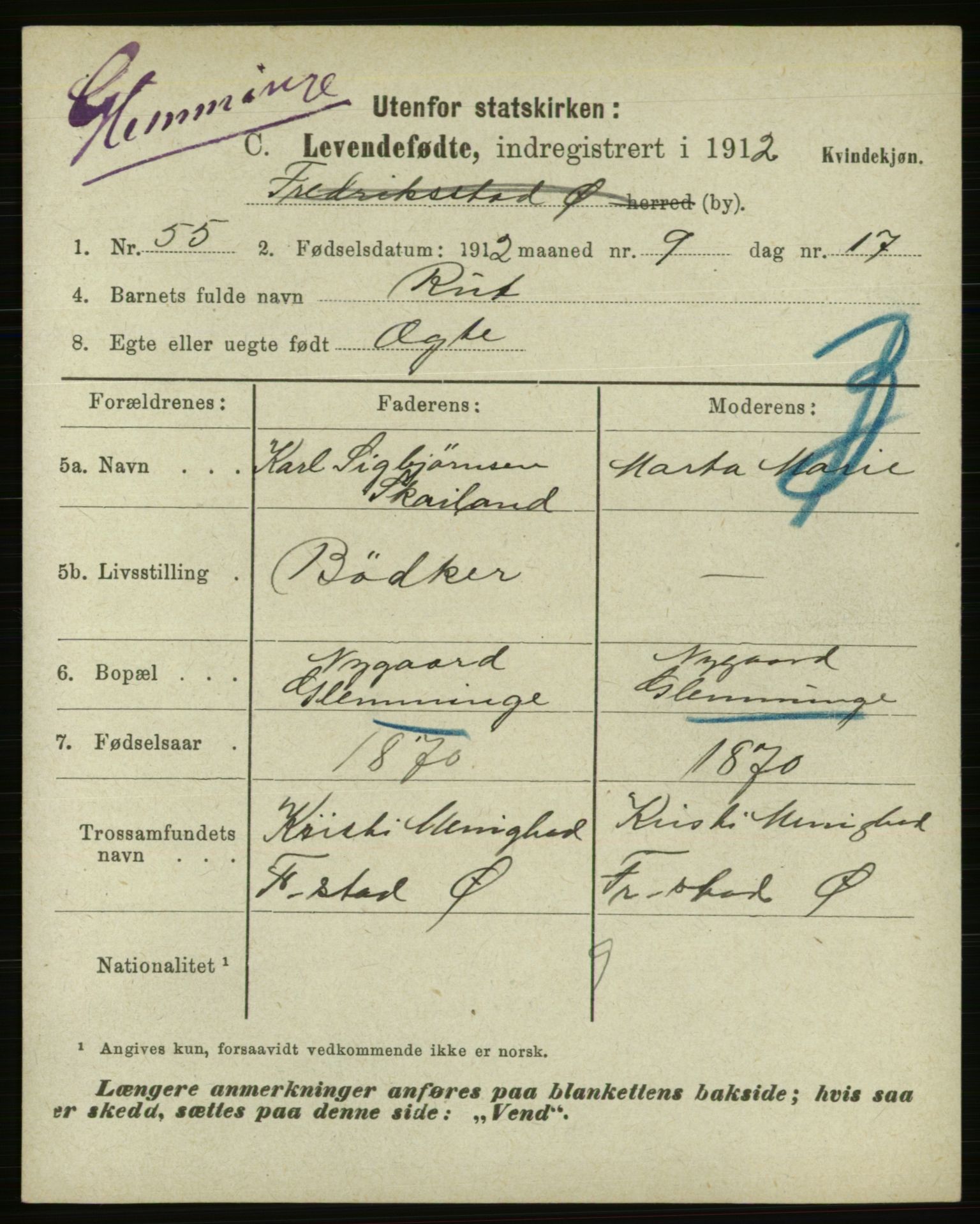 Statistisk sentralbyrå, Sosiodemografiske emner, Befolkning, AV/RA-S-2228/E/L0010: Fødte, gifte, døde dissentere., 1912, p. 5