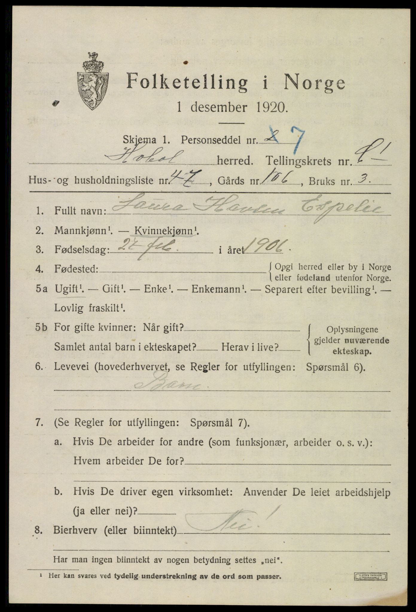 SAO, 1920 census for Hobøl, 1920, p. 2434