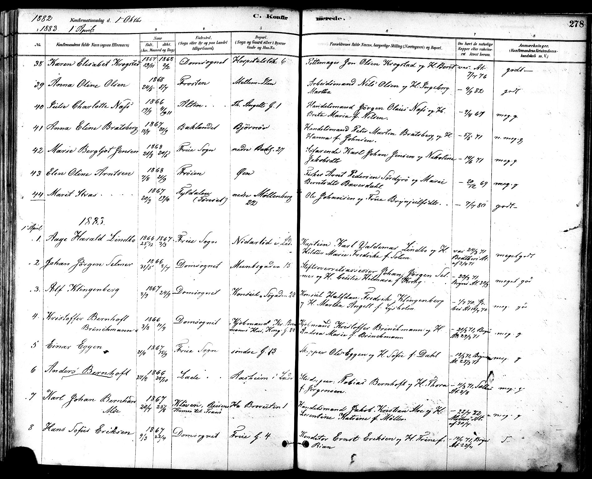 Ministerialprotokoller, klokkerbøker og fødselsregistre - Sør-Trøndelag, SAT/A-1456/601/L0057: Parish register (official) no. 601A25, 1877-1891, p. 278