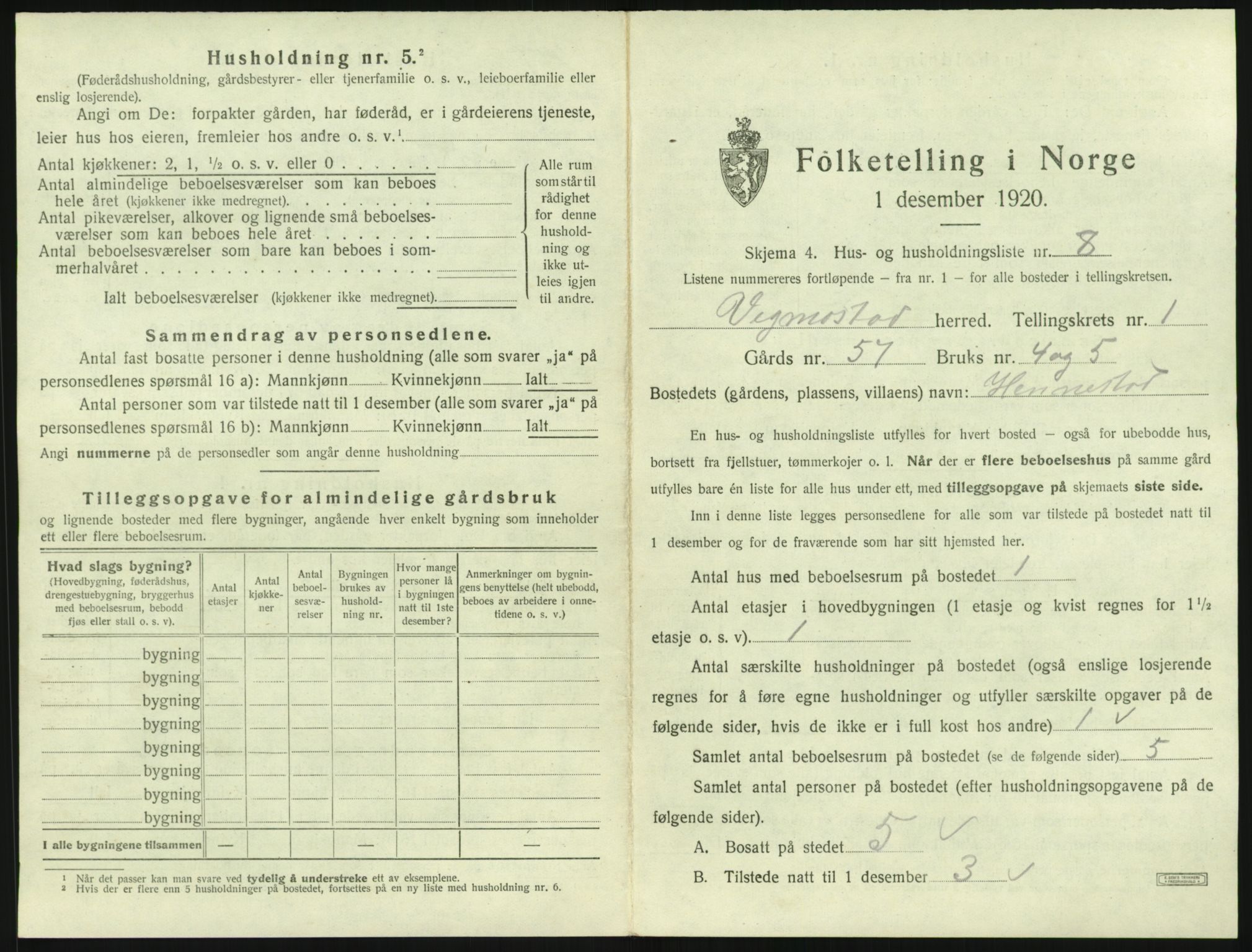 SAK, 1920 census for Vigmostad, 1920, p. 47