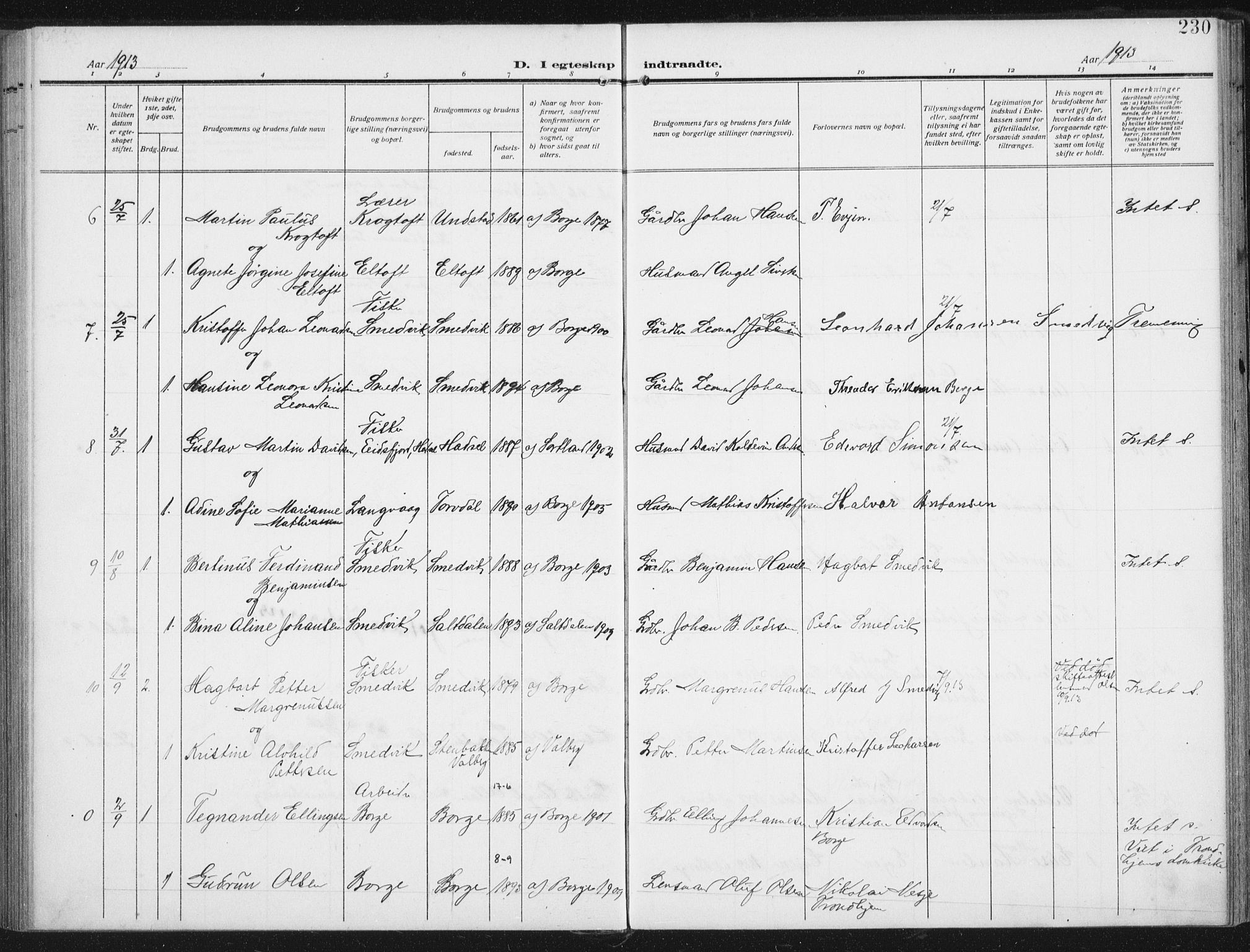 Ministerialprotokoller, klokkerbøker og fødselsregistre - Nordland, SAT/A-1459/880/L1135: Parish register (official) no. 880A09, 1908-1919, p. 230
