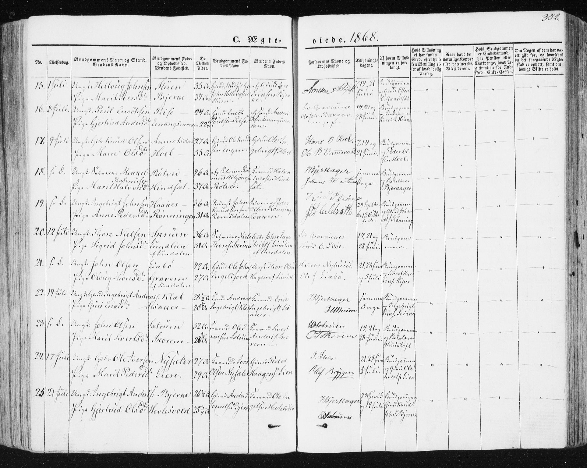 Ministerialprotokoller, klokkerbøker og fødselsregistre - Sør-Trøndelag, SAT/A-1456/678/L0899: Parish register (official) no. 678A08, 1848-1872, p. 352
