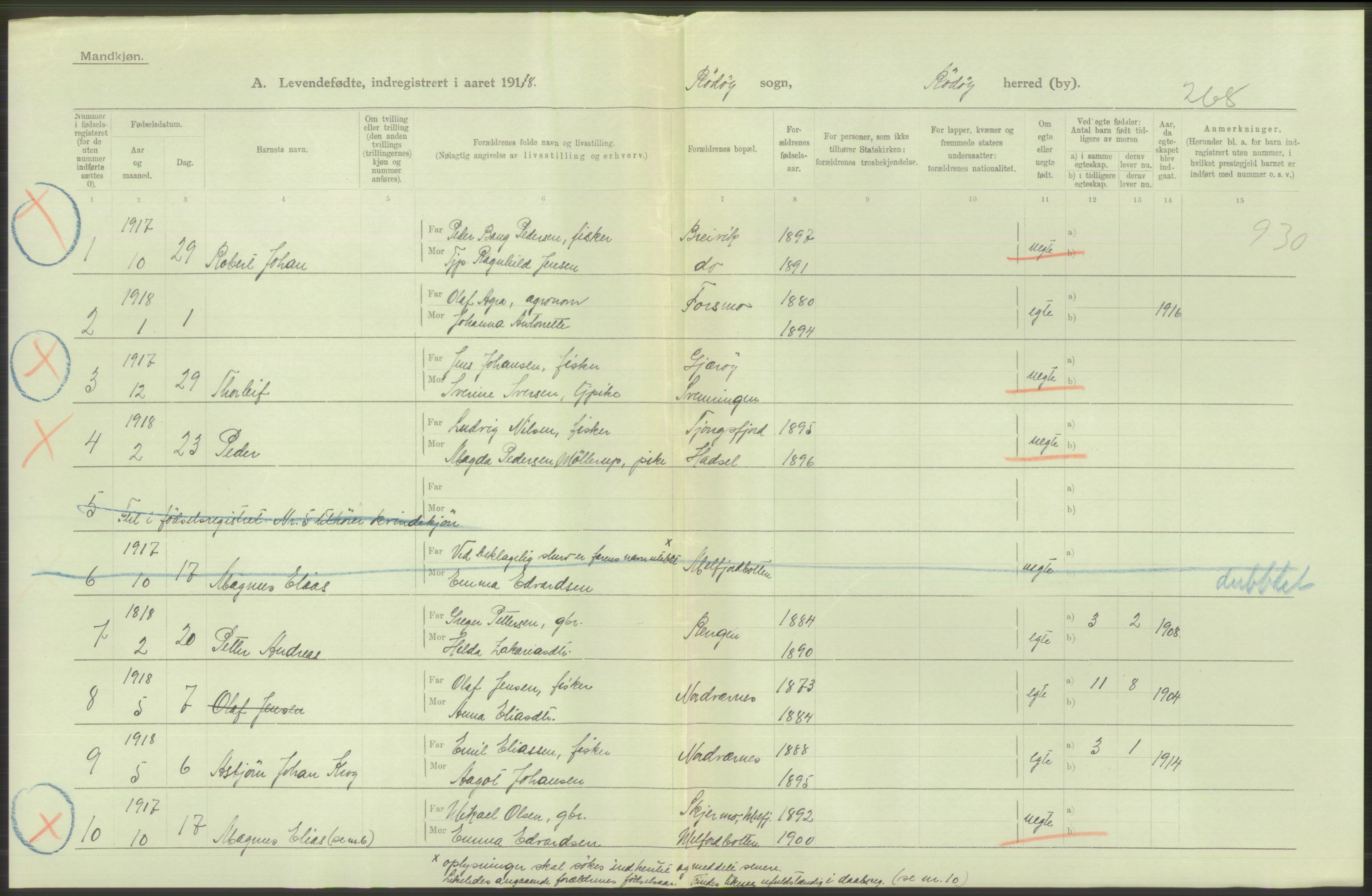 Statistisk sentralbyrå, Sosiodemografiske emner, Befolkning, AV/RA-S-2228/D/Df/Dfb/Dfbh/L0052: Nordland fylke: Levendefødte menn og kvinner. Bygder., 1918, p. 560