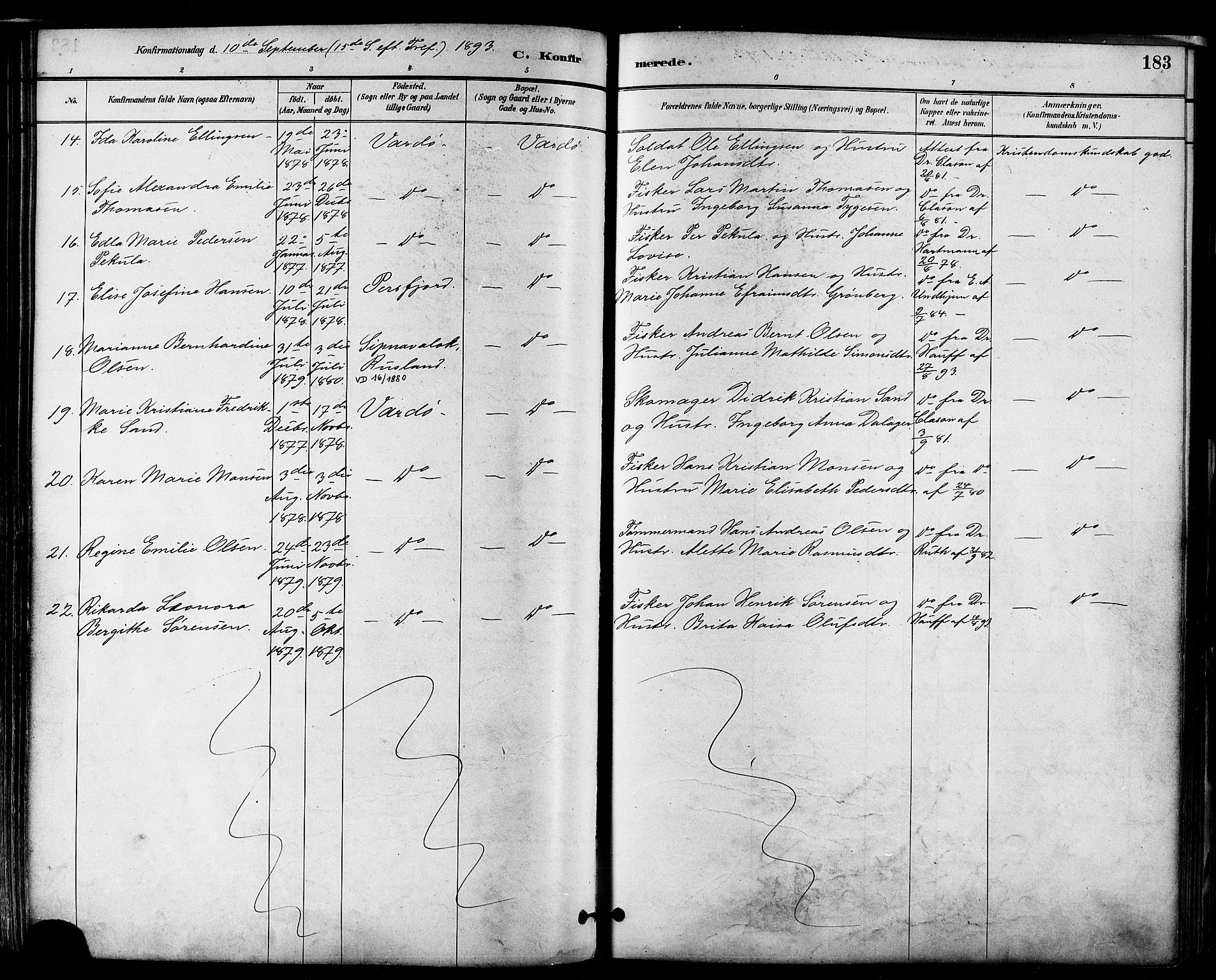 Vardø sokneprestkontor, AV/SATØ-S-1332/H/Ha/L0007kirke: Parish register (official) no. 7, 1886-1897, p. 183