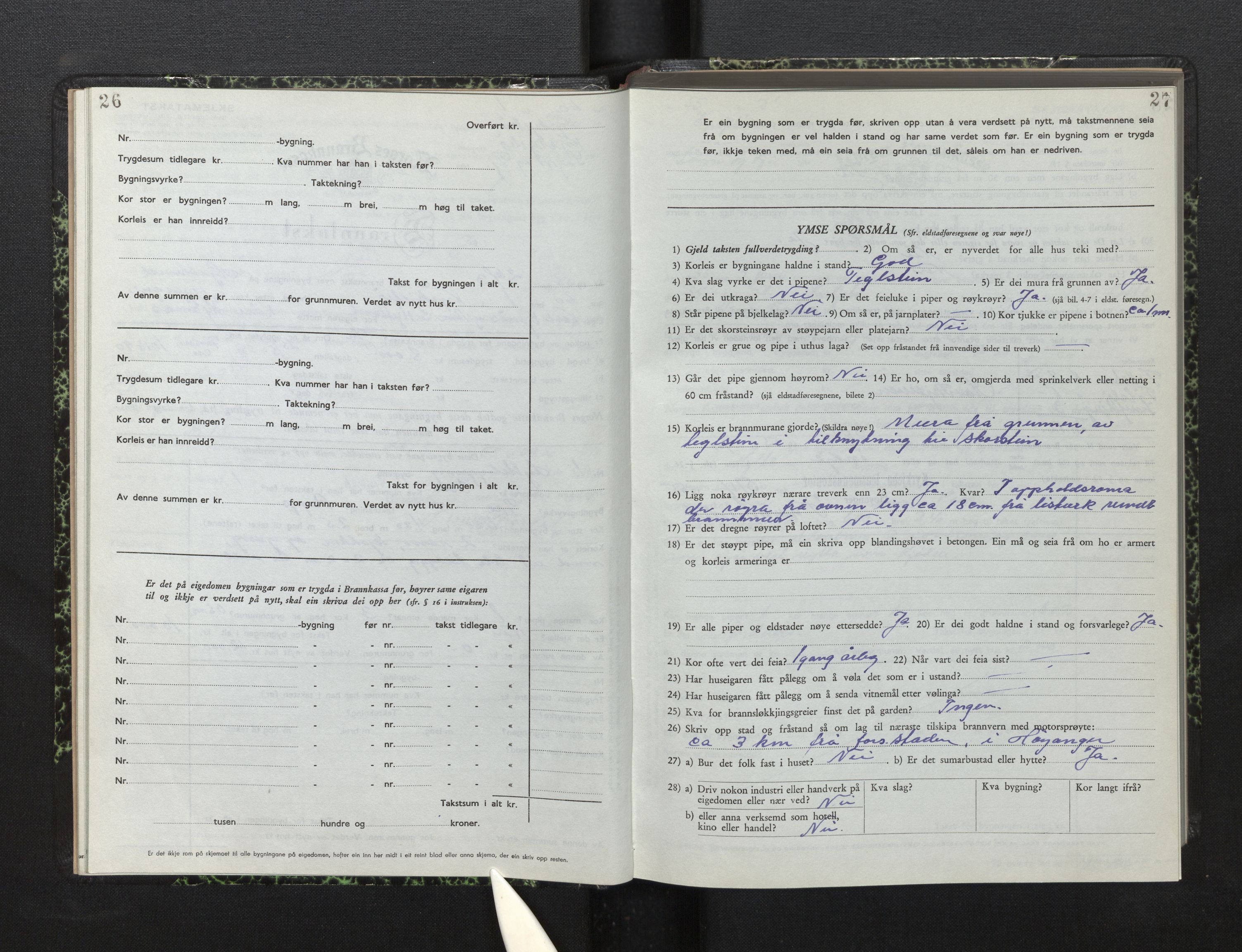 Lensmannen i Kyrkjebø, AV/SAB-A-29001/0012/L0008: Branntakstprotokoll, skjematakst, 1954-1960, p. 26-27