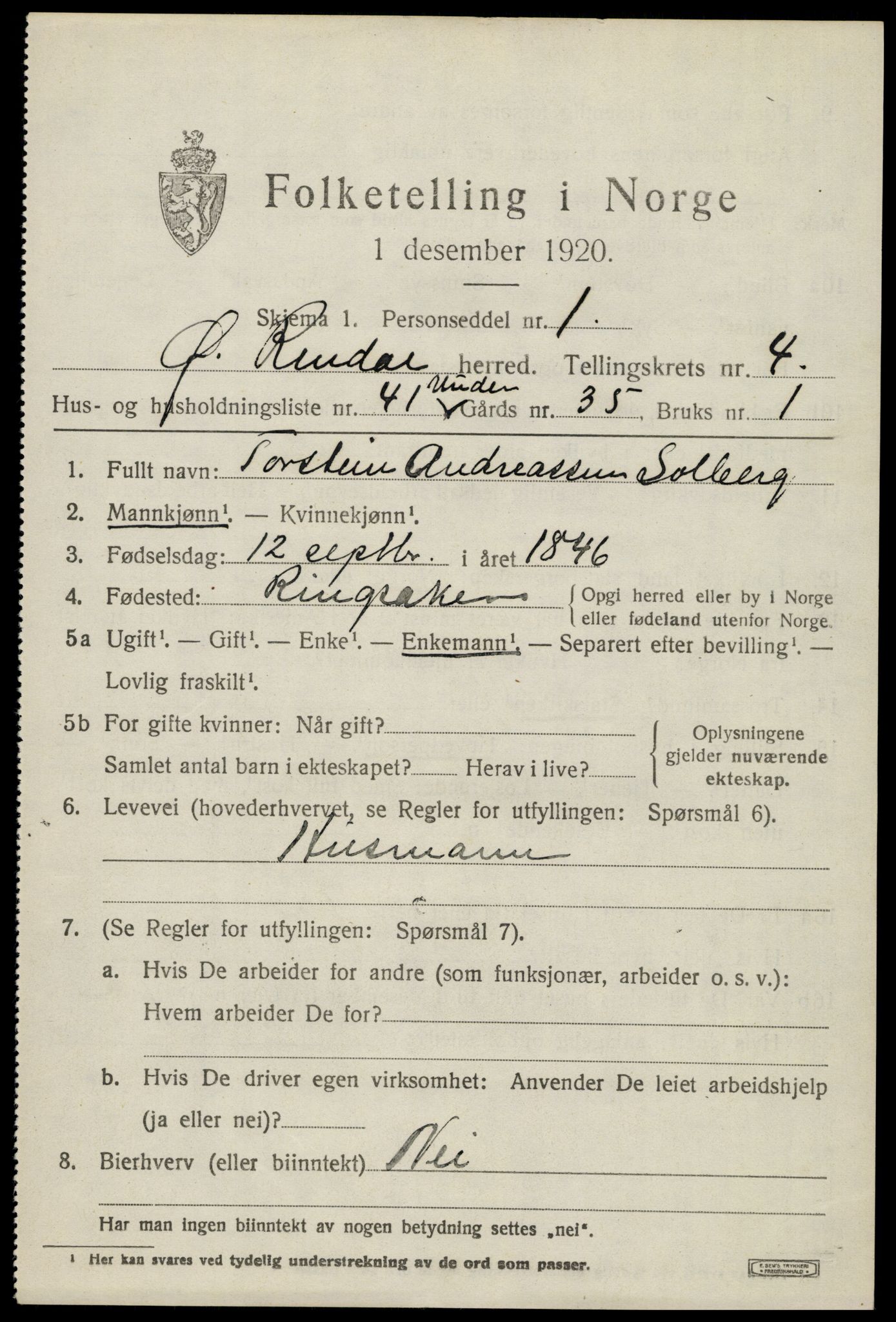 SAH, 1920 census for Øvre Rendal, 1920, p. 2037