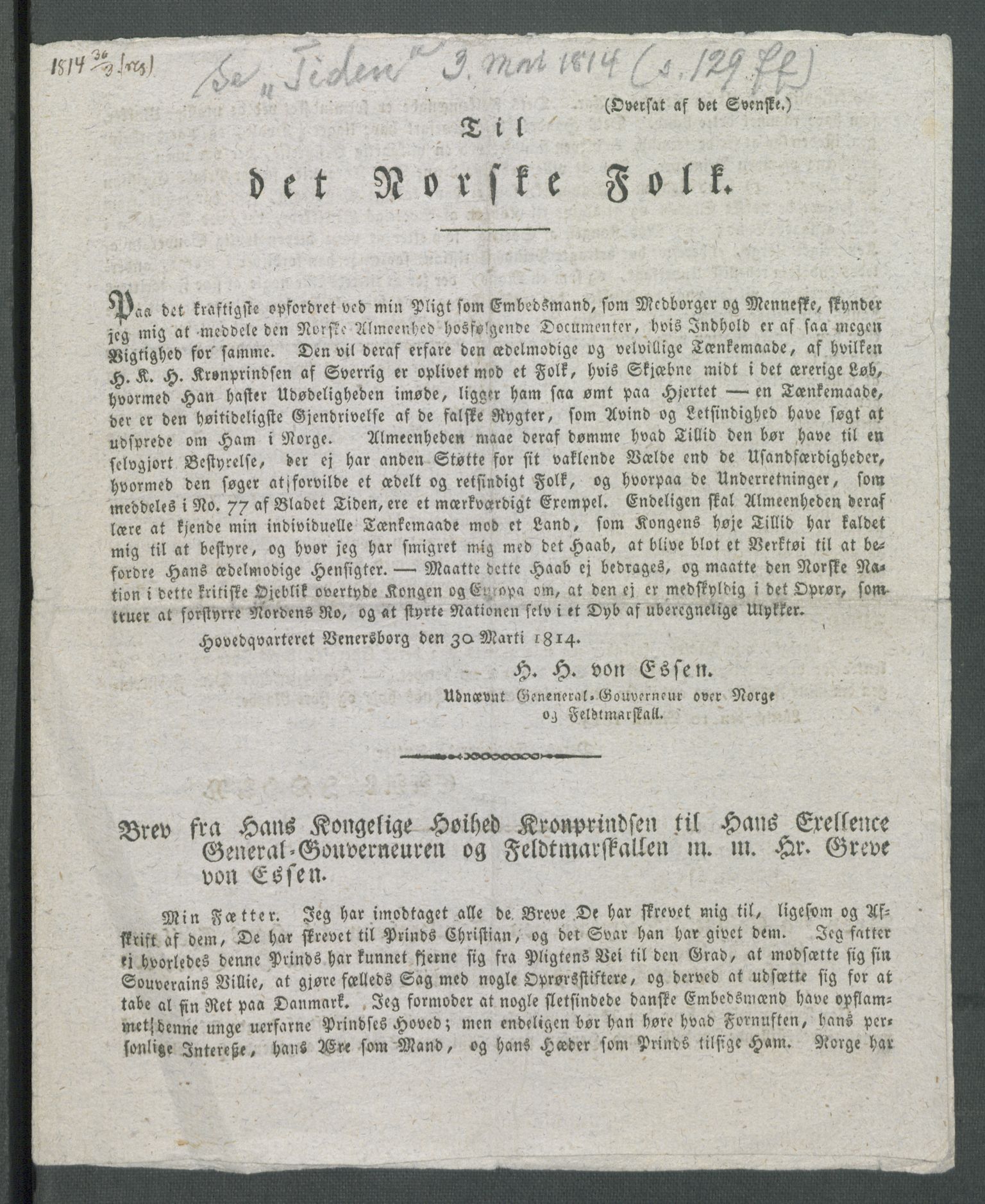 Forskjellige samlinger, Historisk-kronologisk samling, AV/RA-EA-4029/G/Ga/L0009A: Historisk-kronologisk samling. Dokumenter fra januar og ut september 1814. , 1814, p. 31