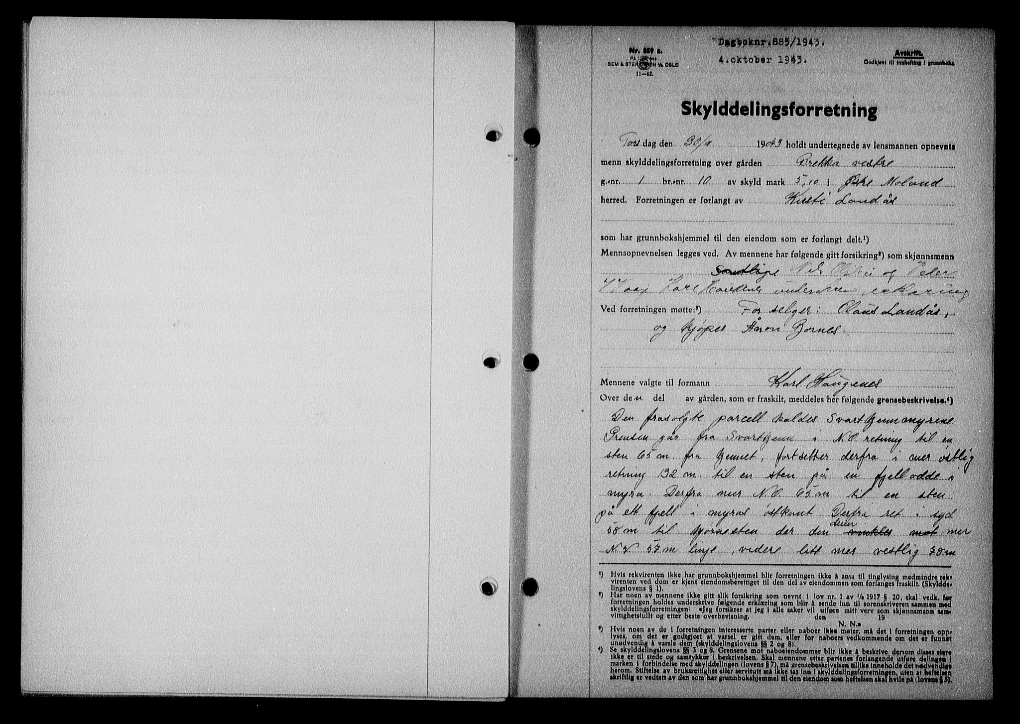 Nedenes sorenskriveri, SAK/1221-0006/G/Gb/Gba/L0051: Mortgage book no. A-V, 1943-1944, Diary no: : 885/1943