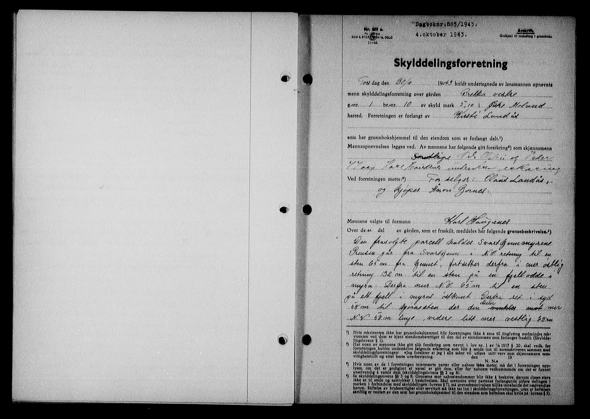 Nedenes sorenskriveri, AV/SAK-1221-0006/G/Gb/Gba/L0051: Mortgage book no. A-V, 1943-1944, Diary no: : 885/1943