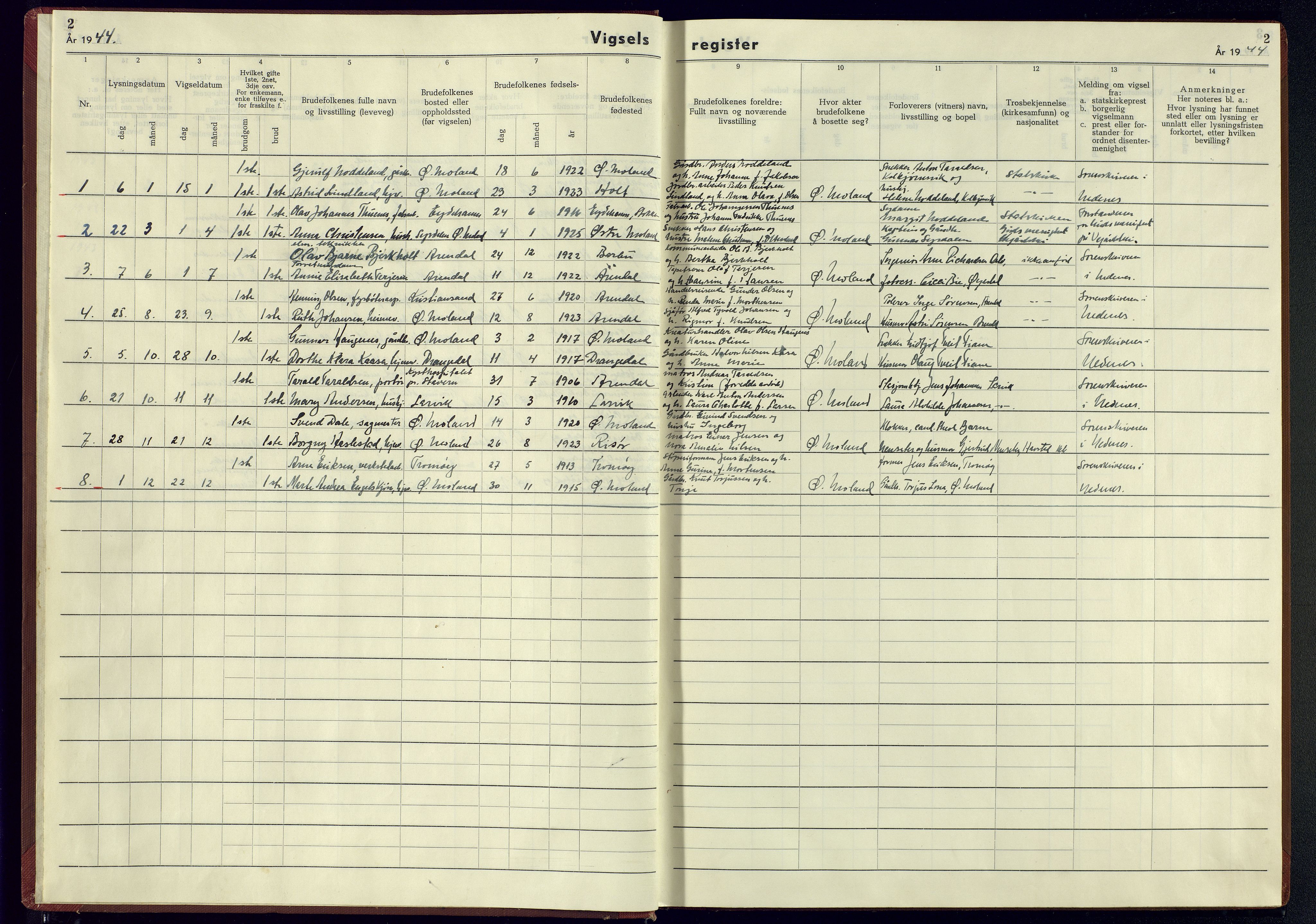 Austre Moland sokneprestkontor, SAK/1111-0001/J/Jb/L0004: Marriage register no. A-VI-20, 1943-1944, p. 2