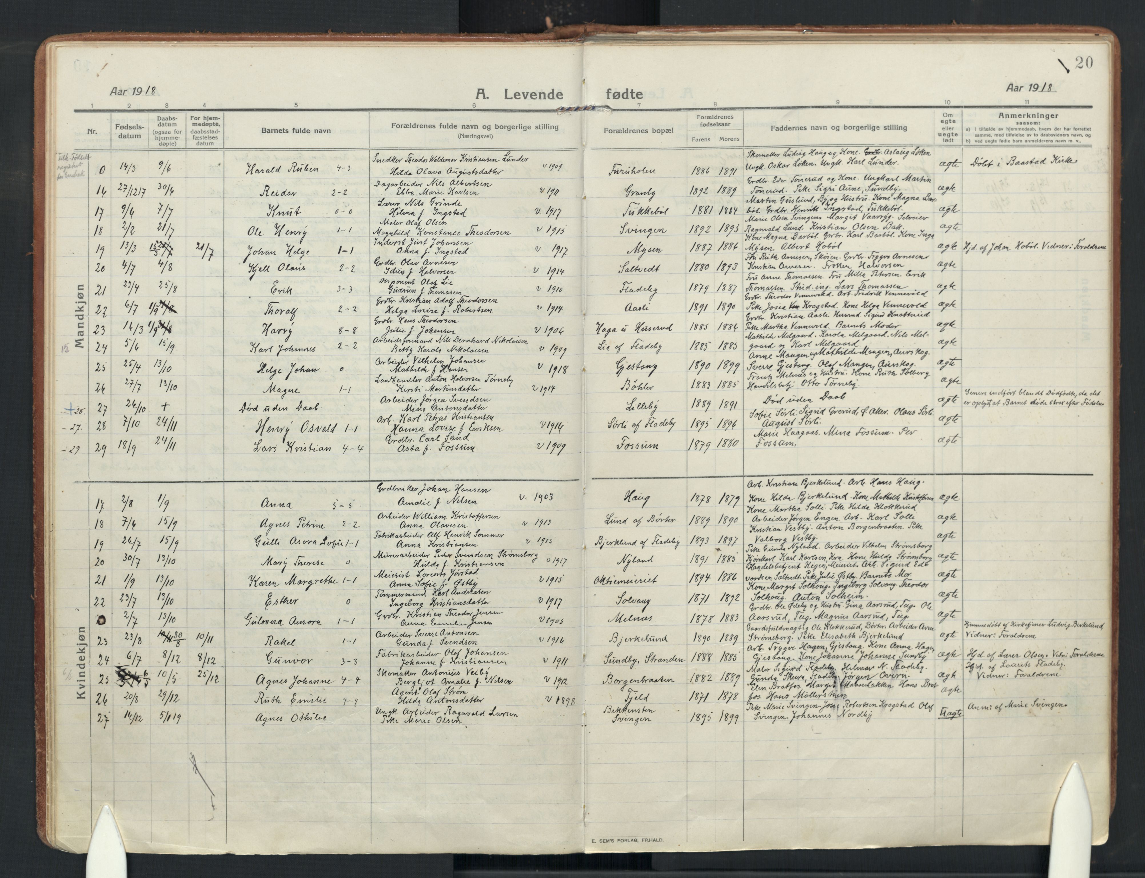 Enebakk prestekontor Kirkebøker, SAO/A-10171c/F/Fa/L0019: Parish register (official) no. I 19, 1912-1935, p. 20