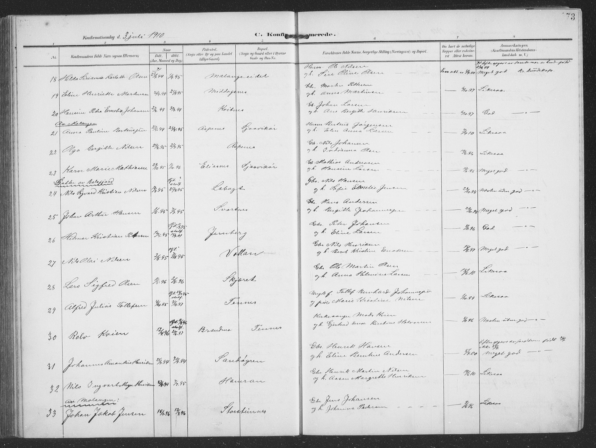 Balsfjord sokneprestembete, SATØ/S-1303/G/Ga/L0009klokker: Parish register (copy) no. 9, 1906-1920, p. 173
