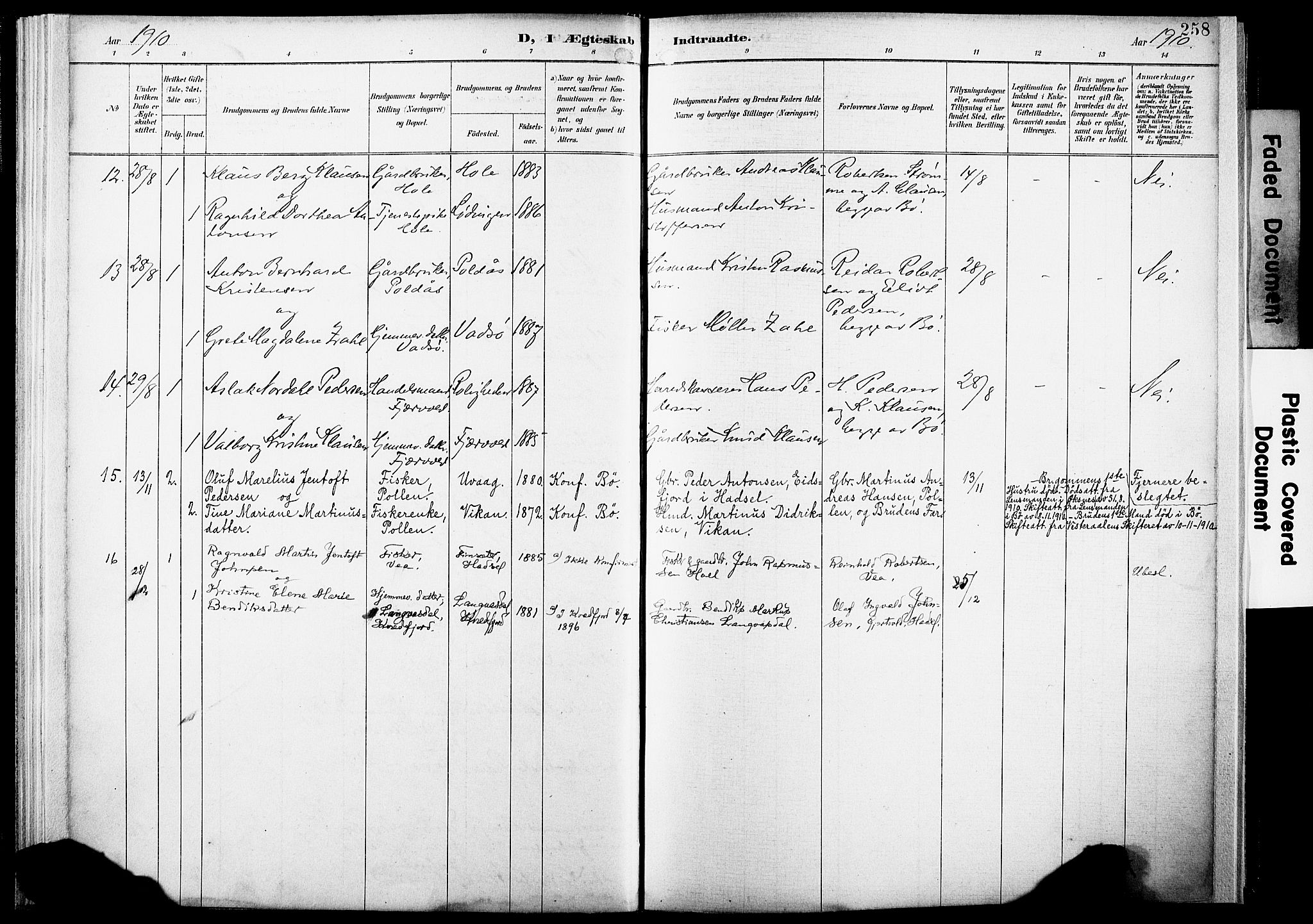 Ministerialprotokoller, klokkerbøker og fødselsregistre - Nordland, AV/SAT-A-1459/891/L1305: Parish register (official) no. 891A10, 1895-1921, p. 258