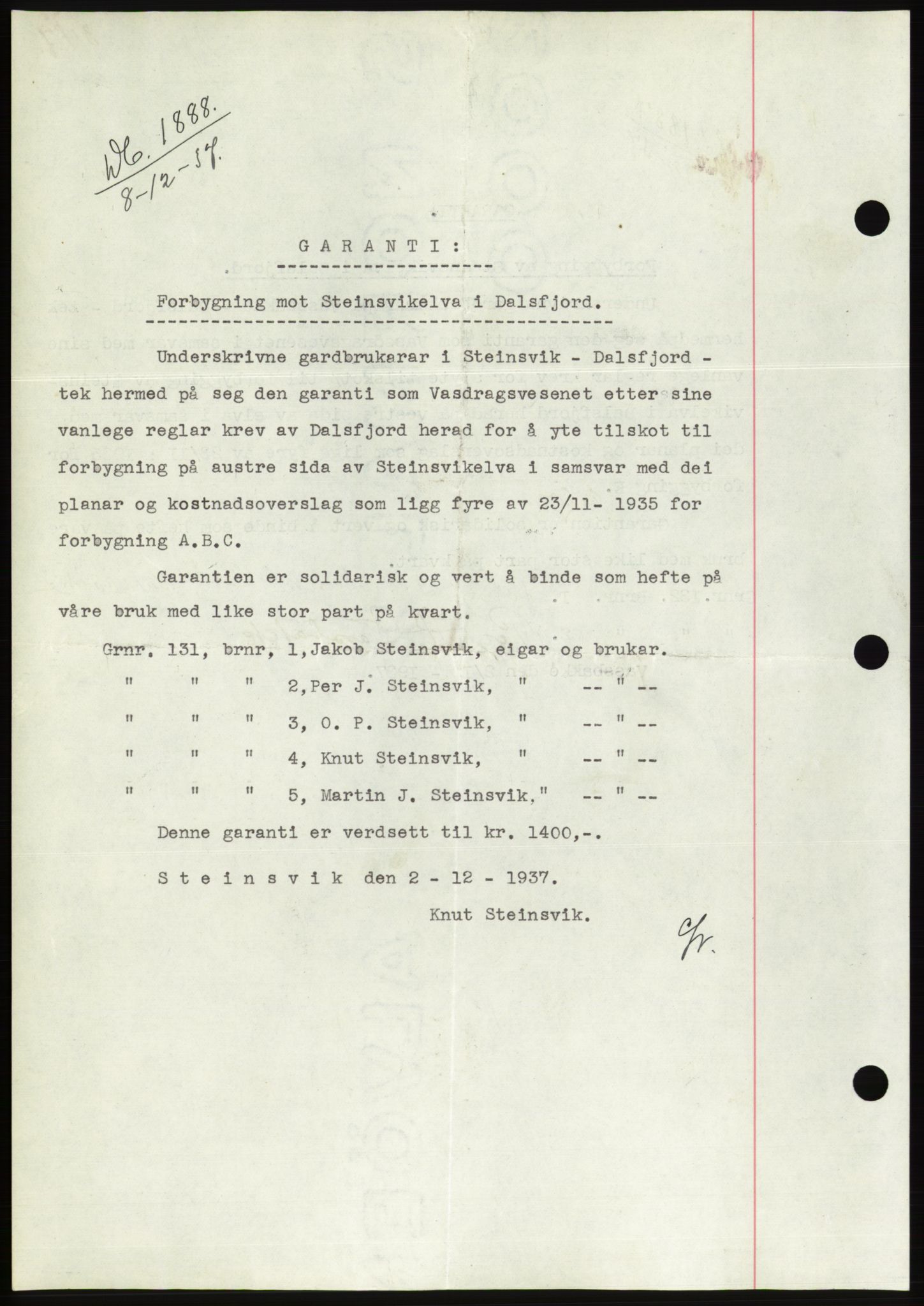 Søre Sunnmøre sorenskriveri, AV/SAT-A-4122/1/2/2C/L0064: Mortgage book no. 58, 1937-1938, Diary no: : 1888/1937