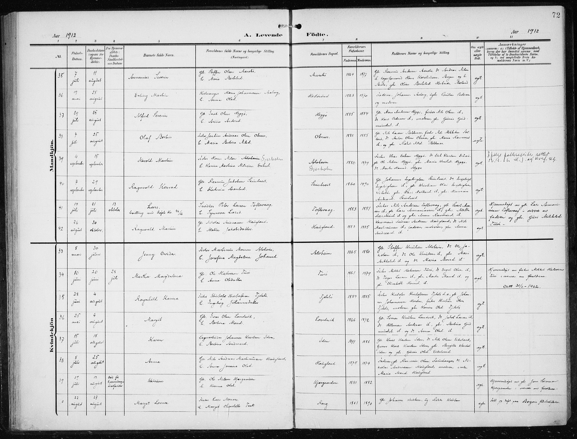 Herdla Sokneprestembete, SAB/A-75701/H/Haa: Parish register (official) no. A 5, 1905-1918, p. 72