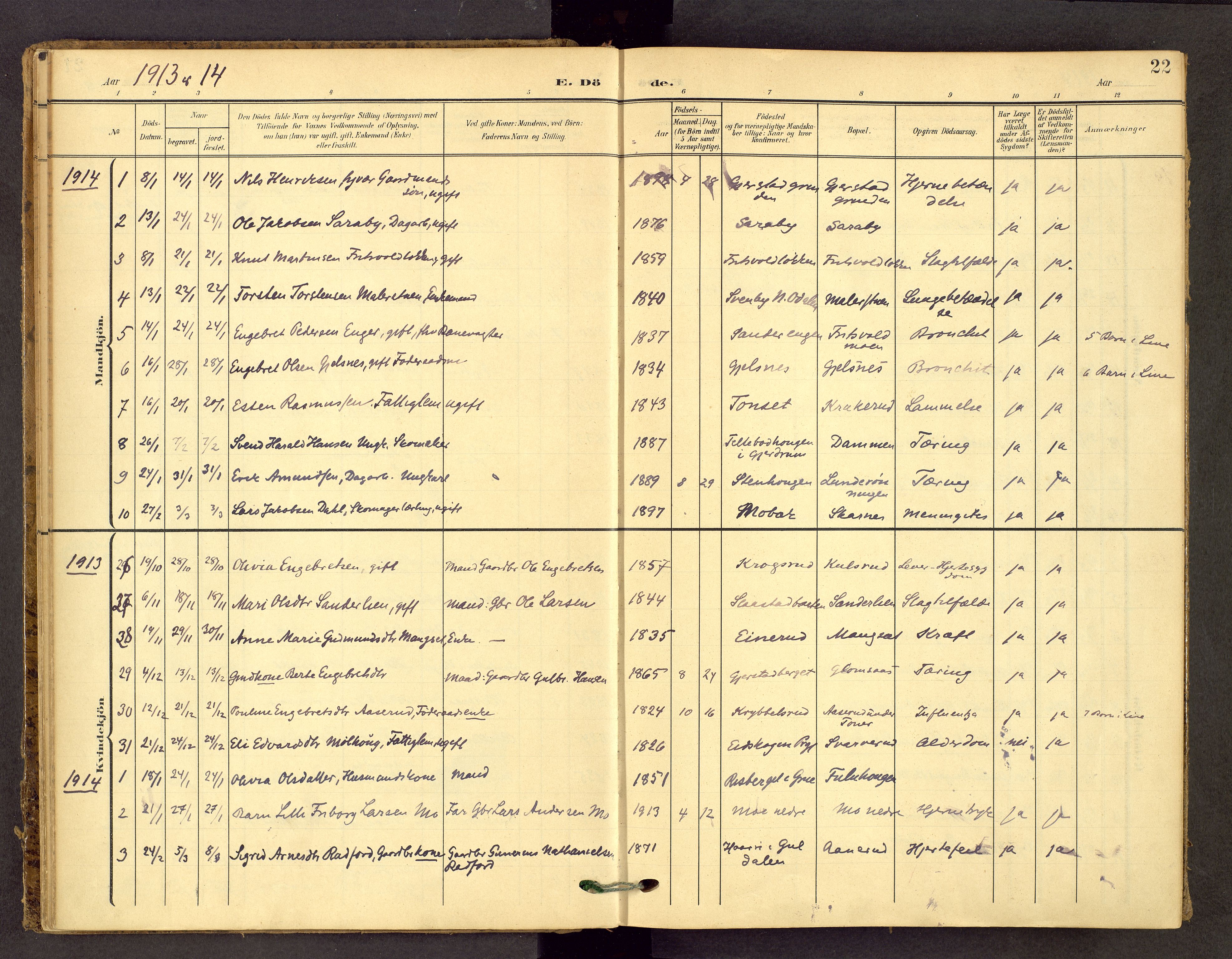 Sør-Odal prestekontor, AV/SAH-PREST-030/H/Ha/Haa/L0010: Parish register (official) no. 10, 1907-1968, p. 22