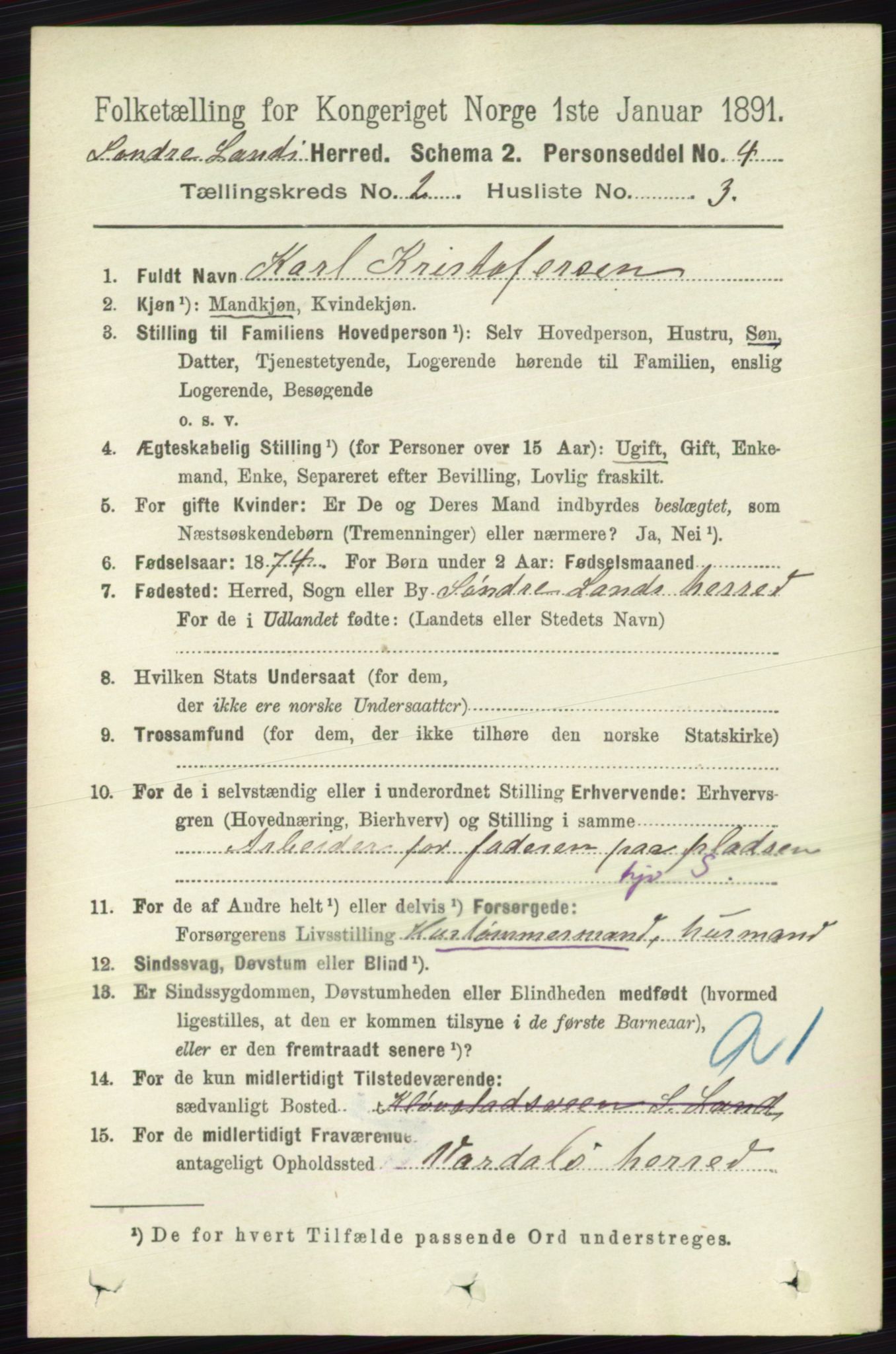 RA, 1891 census for 0536 Søndre Land, 1891, p. 1048