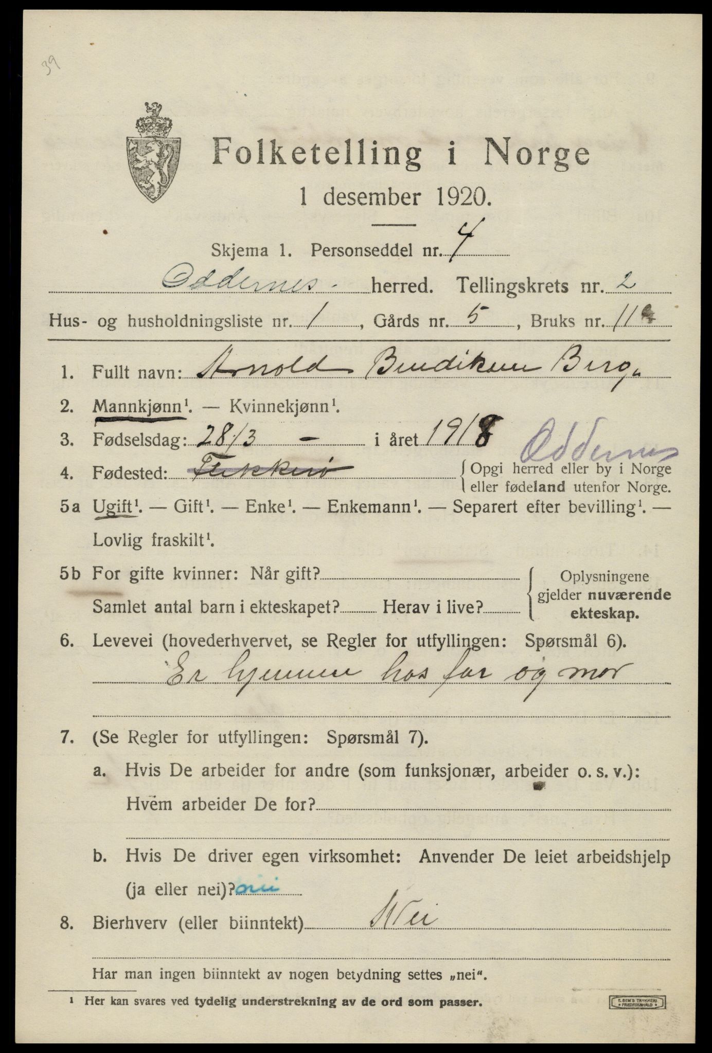 SAK, 1920 census for Oddernes, 1920, p. 2827