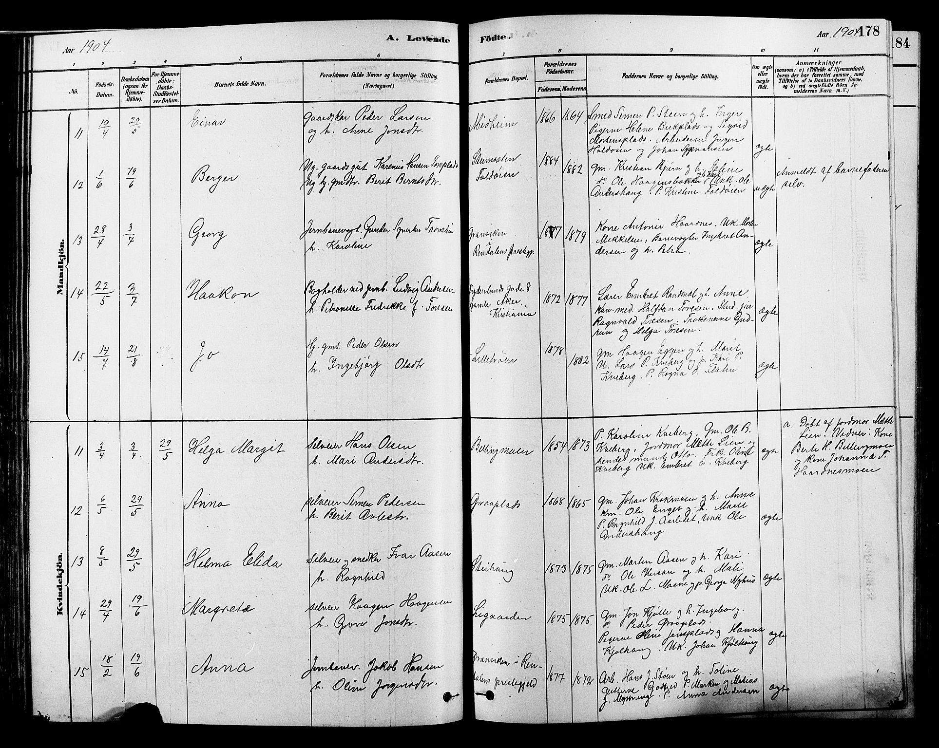 Alvdal prestekontor, SAH/PREST-060/H/Ha/Hab/L0003: Parish register (copy) no. 3, 1878-1907, p. 178