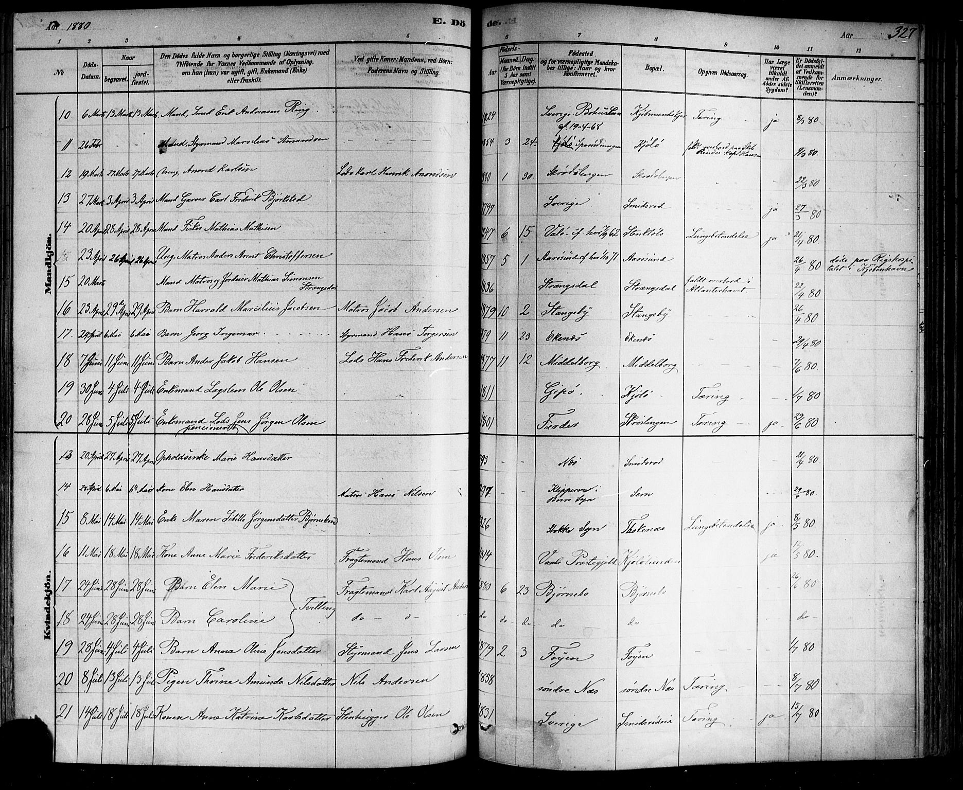 Nøtterøy kirkebøker, SAKO/A-354/F/Fa/L0008: Parish register (official) no. I 8, 1878-1893, p. 327