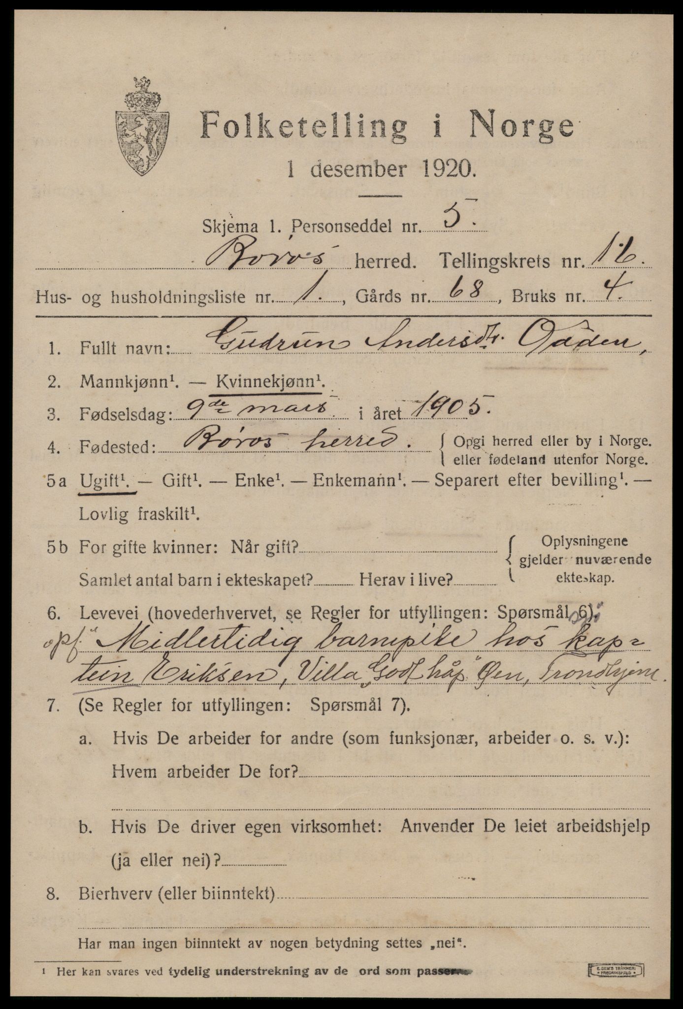 SAT, 1920 census for Røros, 1920, p. 10926