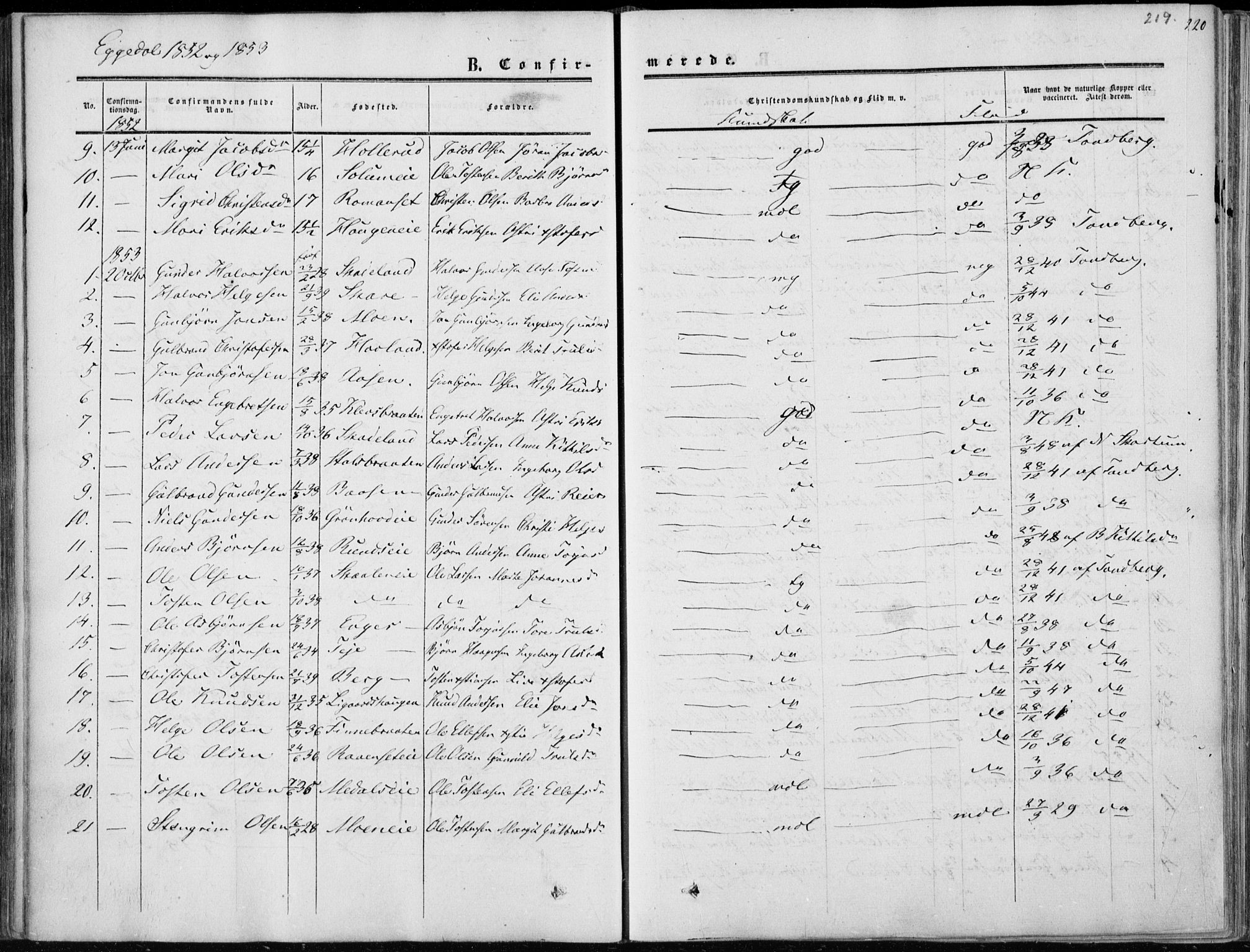 Sigdal kirkebøker, AV/SAKO-A-245/F/Fa/L0008: Parish register (official) no. I 8, 1850-1859, p. 219