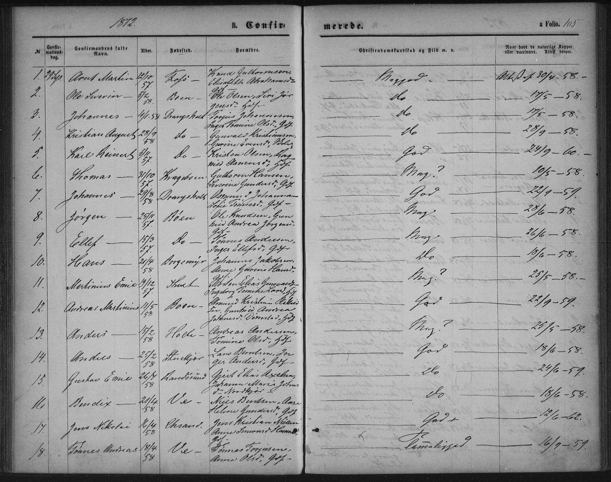 Tveit sokneprestkontor, SAK/1111-0043/F/Fa/L0006: Parish register (official) no. A 6, 1872-1886, p. 105
