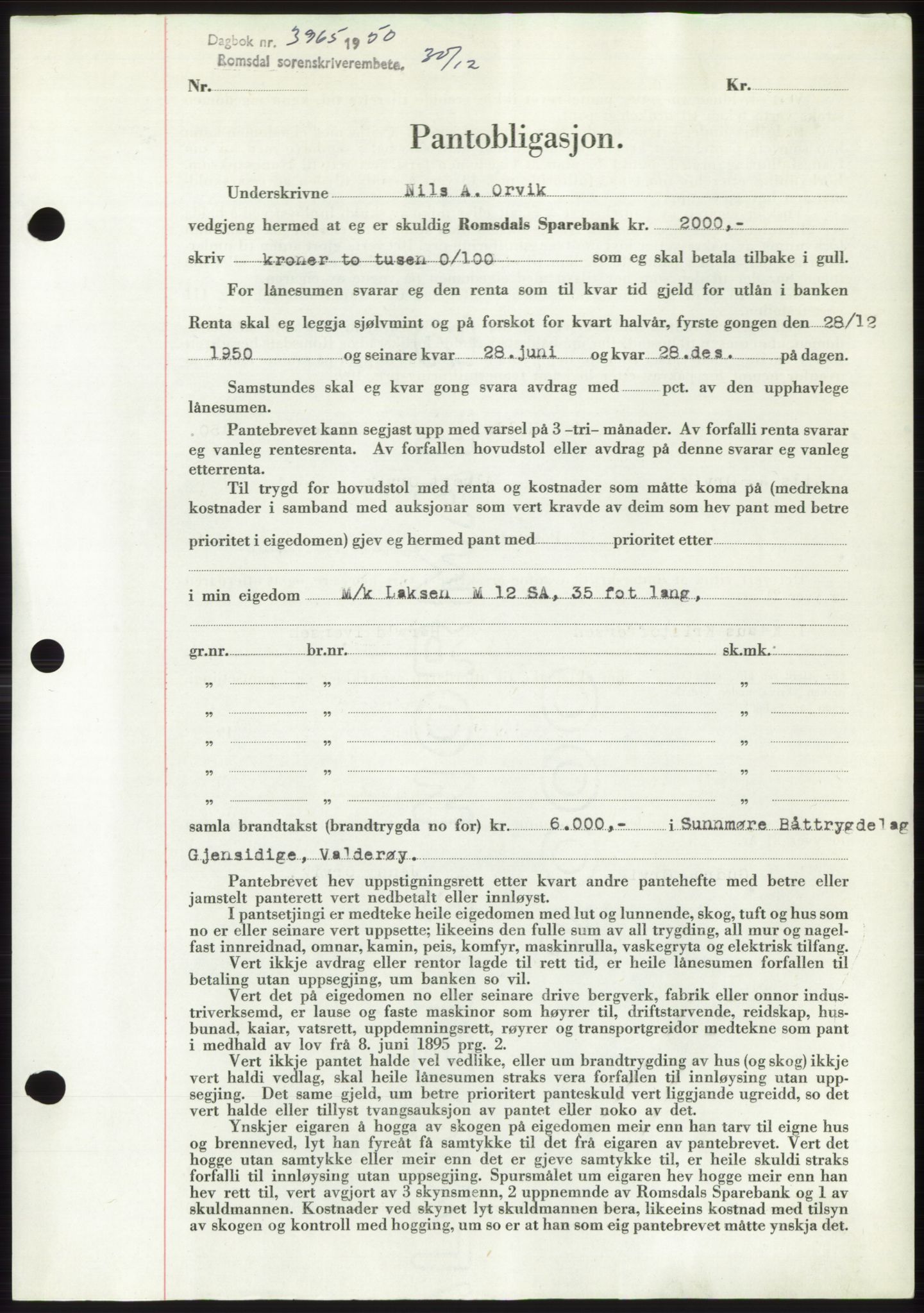 Romsdal sorenskriveri, AV/SAT-A-4149/1/2/2C: Mortgage book no. B5, 1949-1950, Diary no: : 3965/1950