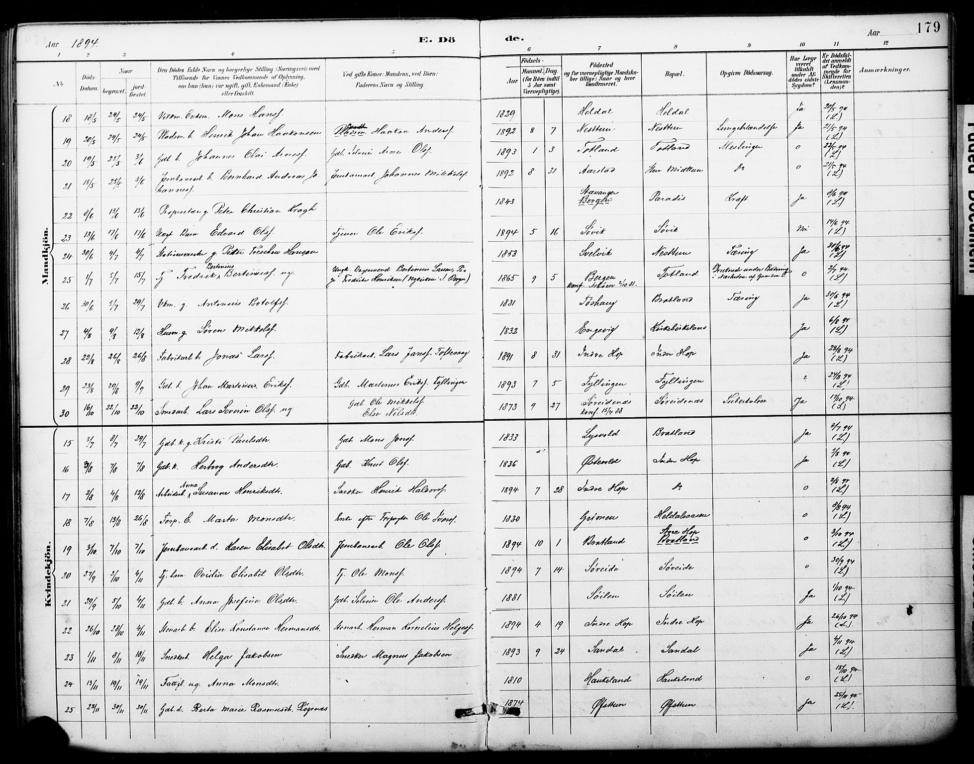 Fana Sokneprestembete, AV/SAB-A-75101/H/Haa/Haai/L0002: Parish register (official) no. I 2, 1888-1899, p. 179