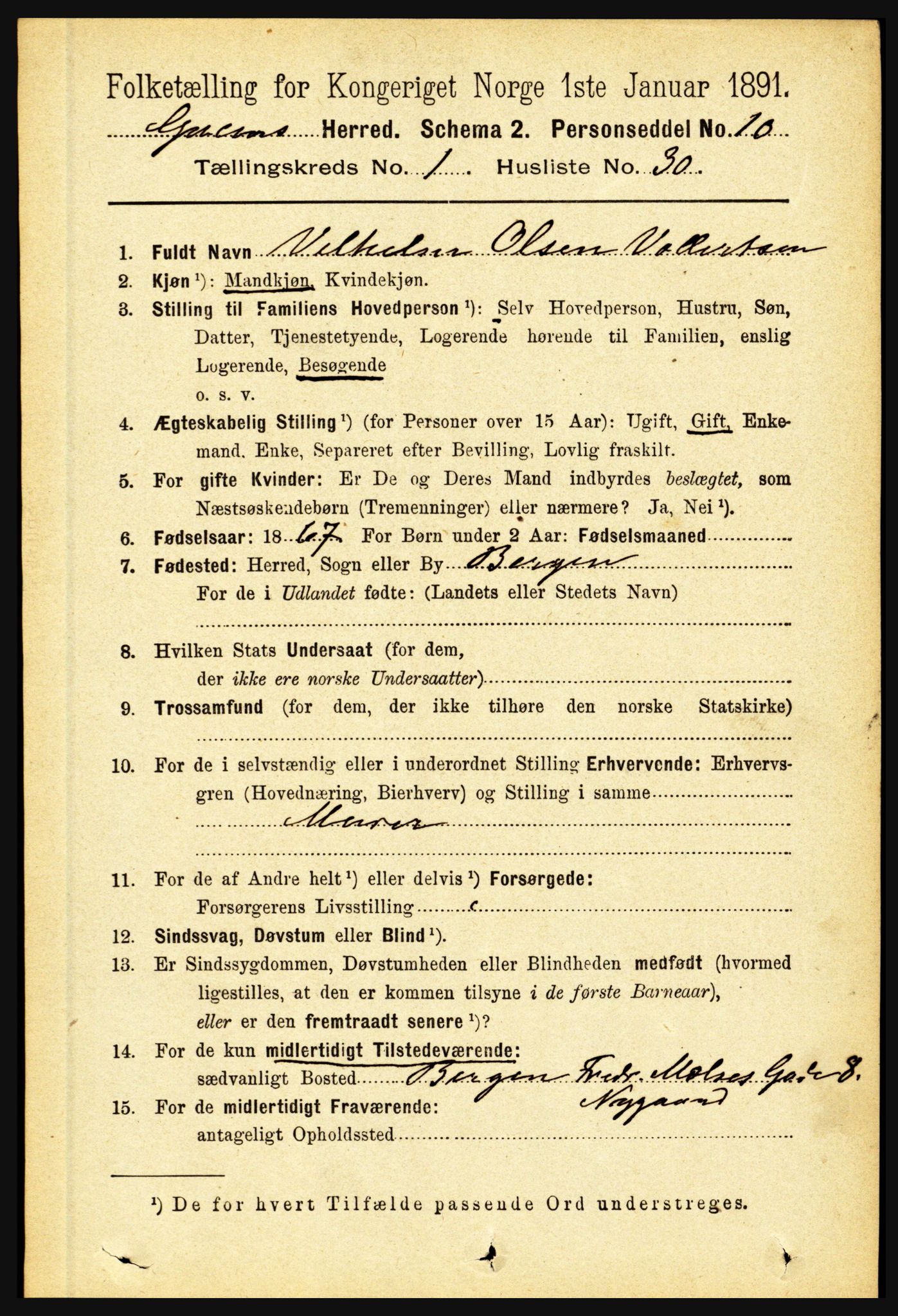 RA, 1891 census for 1411 Gulen, 1891, p. 306