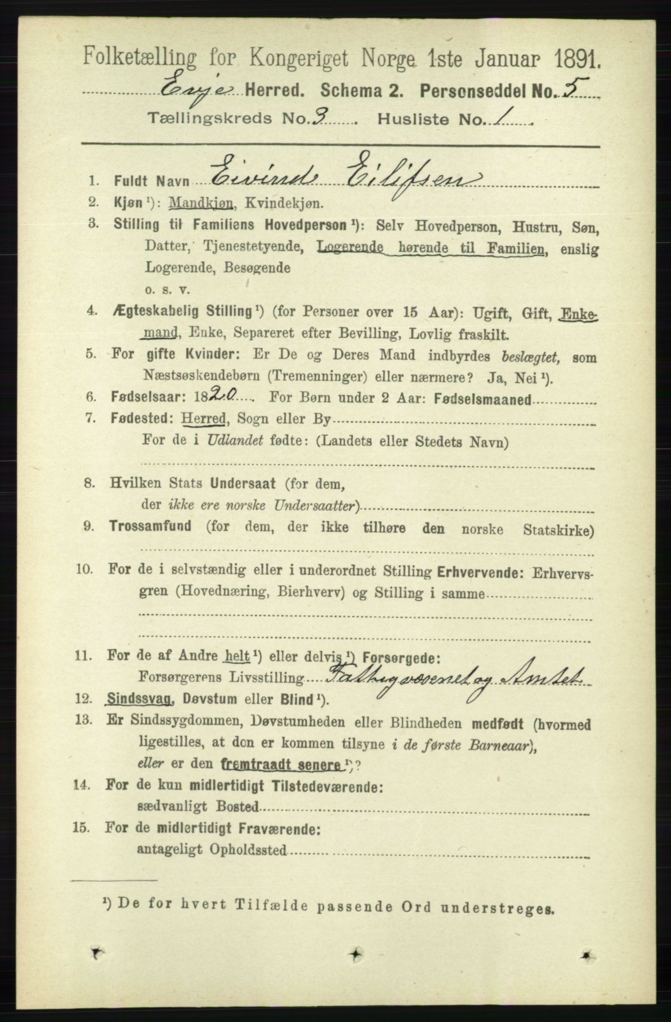 RA, 1891 census for 0937 Evje, 1891, p. 660