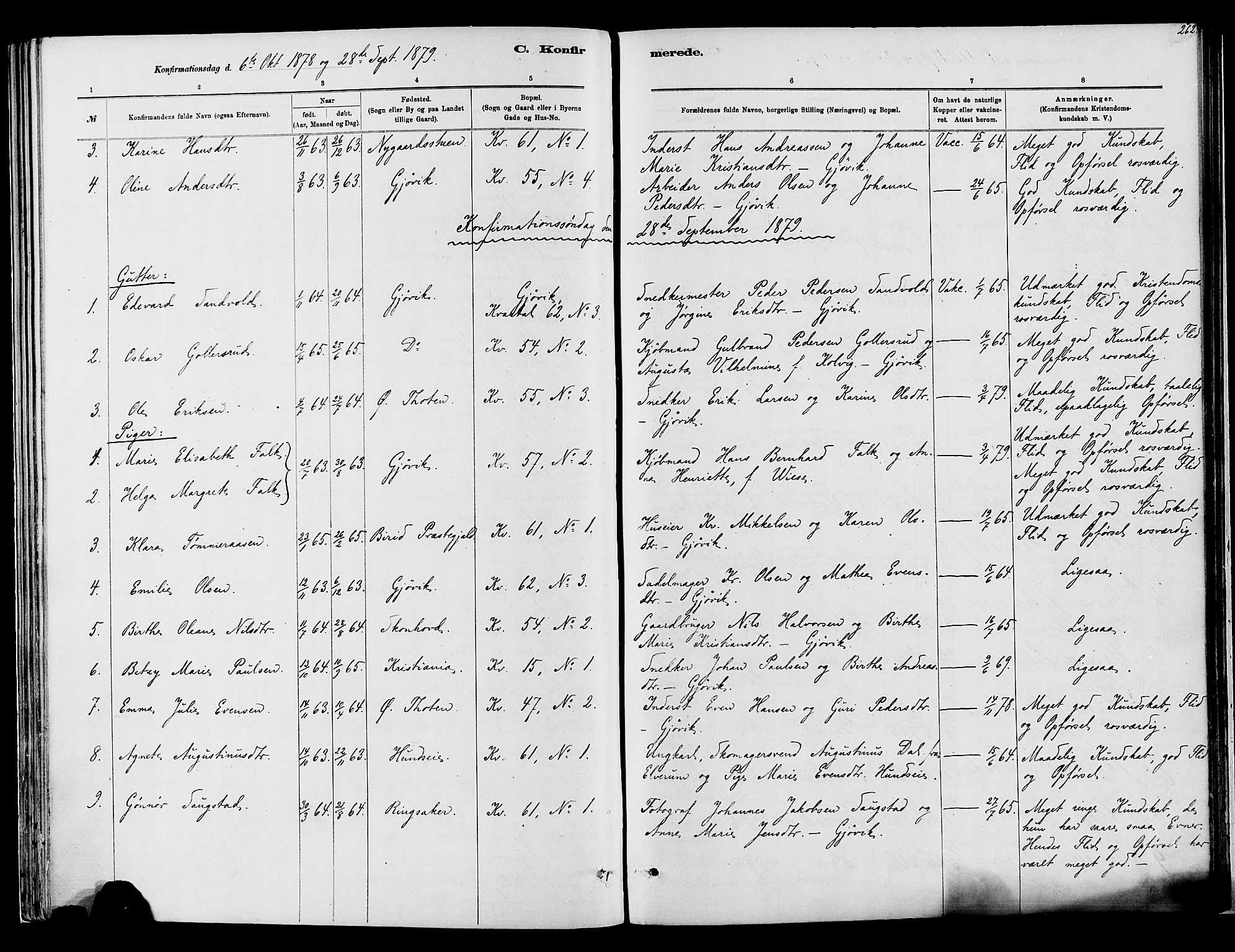 Vardal prestekontor, SAH/PREST-100/H/Ha/Haa/L0008: Parish register (official) no. 8, 1878-1890, p. 262