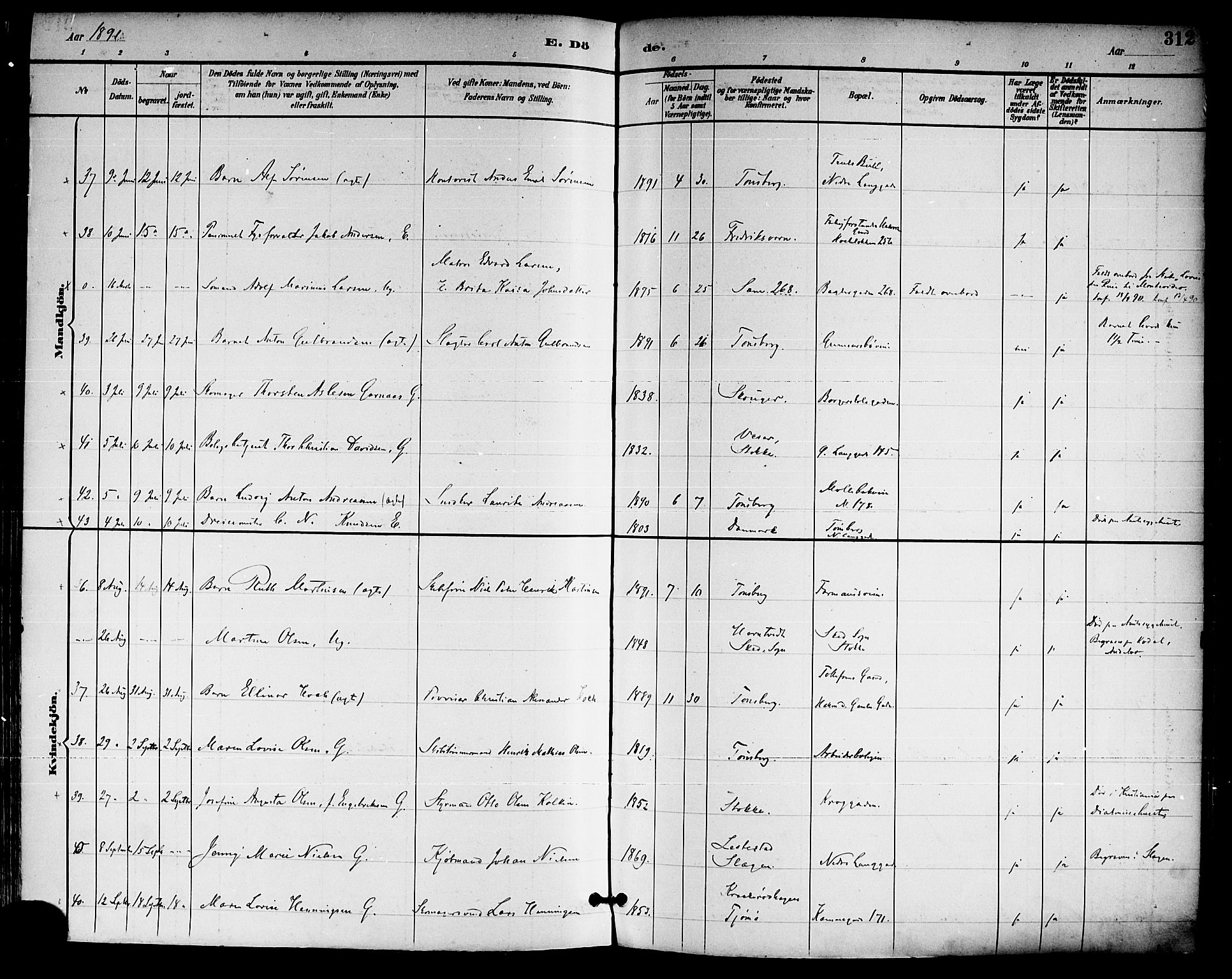 Tønsberg kirkebøker, AV/SAKO-A-330/F/Fa/L0012: Parish register (official) no. I 12, 1891-1899, p. 312