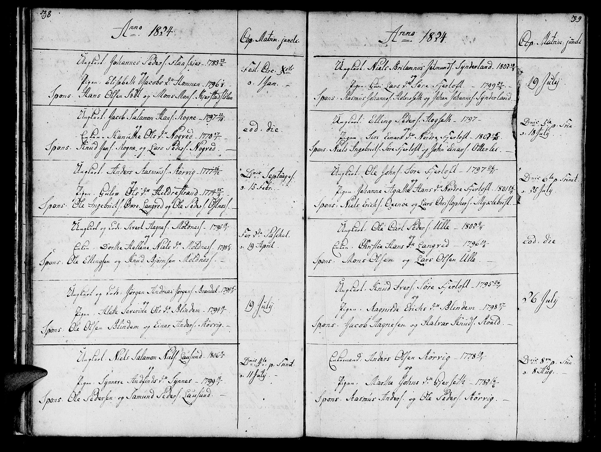 Ministerialprotokoller, klokkerbøker og fødselsregistre - Møre og Romsdal, AV/SAT-A-1454/536/L0494: Parish register (official) no. 536A03, 1803-1836, p. 38-39