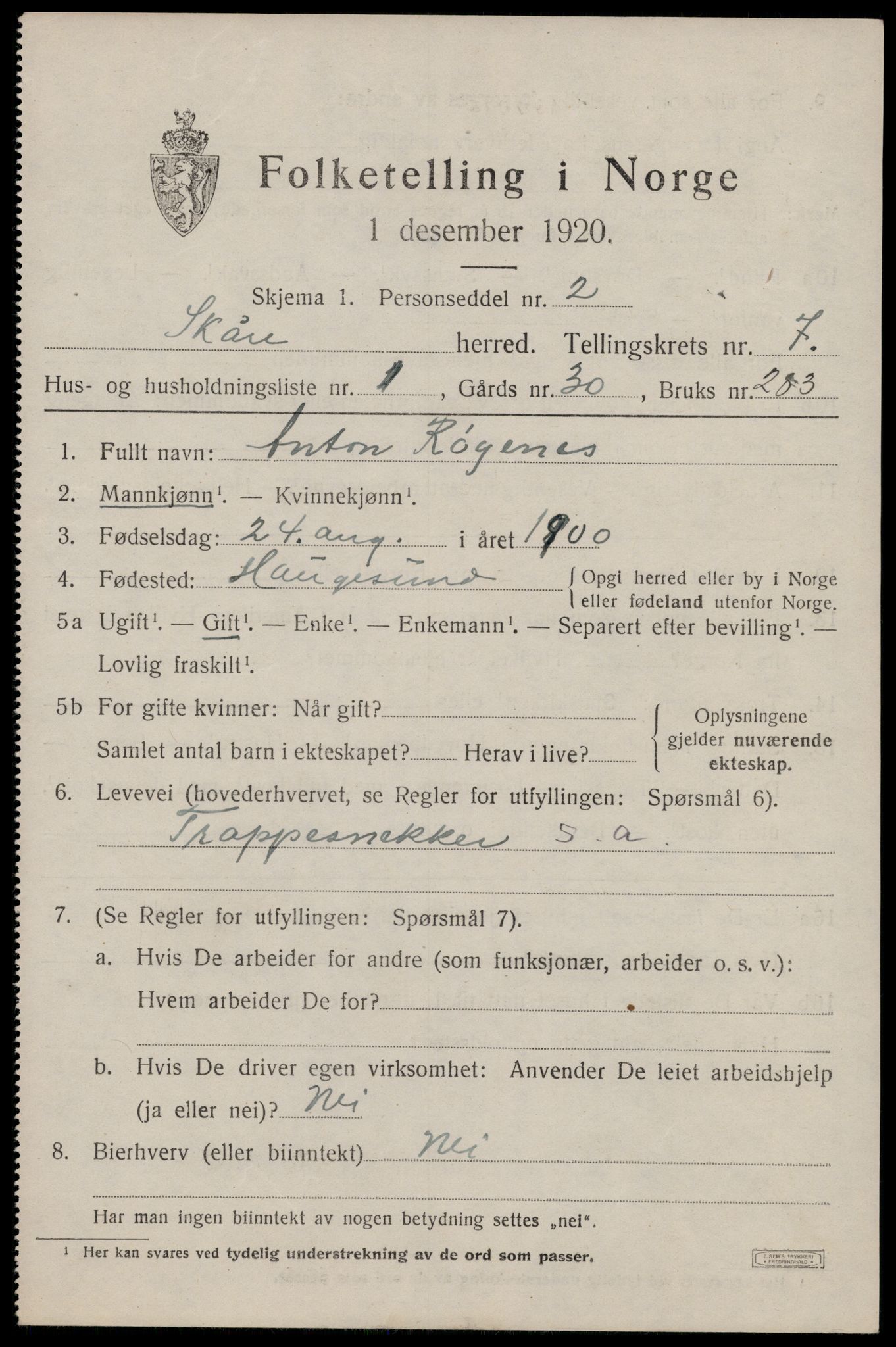 SAST, 1920 census for Skåre, 1920, p. 4716