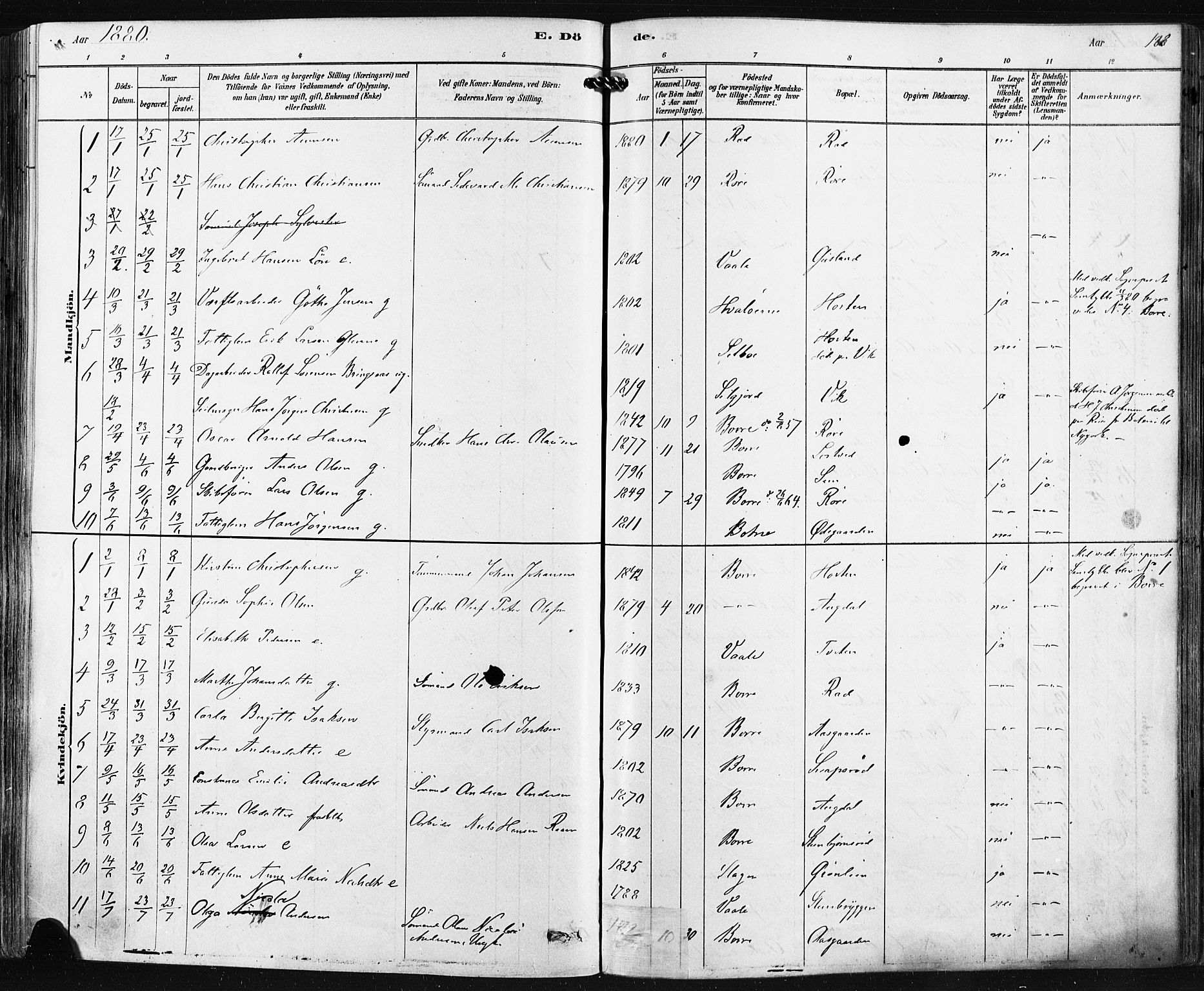 Borre kirkebøker, SAKO/A-338/F/Fa/L0009: Parish register (official) no. I 9, 1878-1896, p. 188