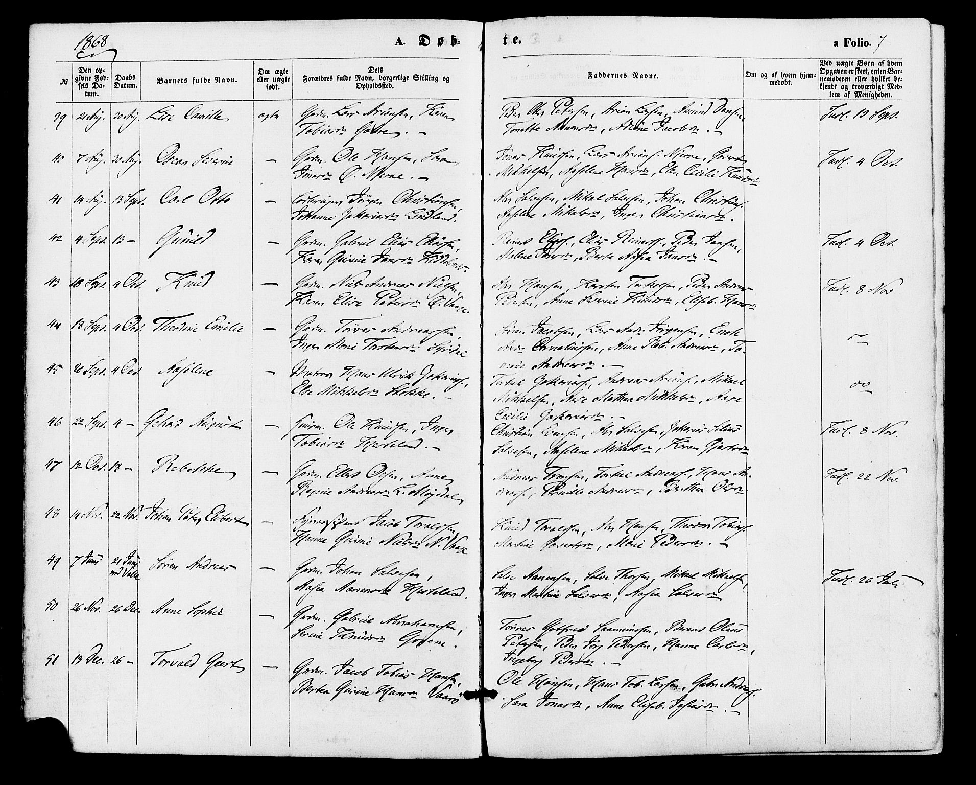 Sør-Audnedal sokneprestkontor, AV/SAK-1111-0039/F/Fa/Faa/L0003: Parish register (official) no. A 3, 1868-1883, p. 7