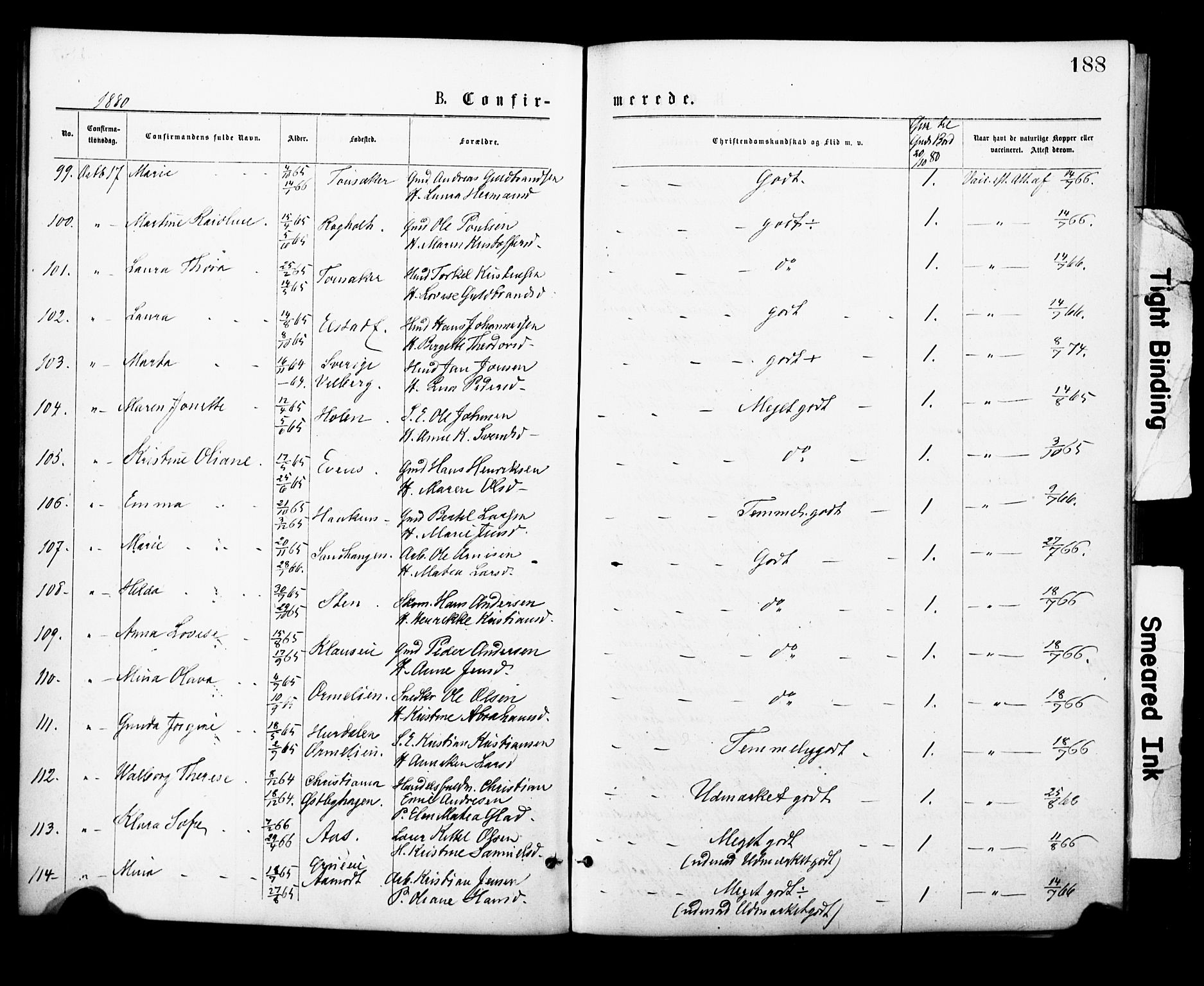 Eidsvoll prestekontor Kirkebøker, AV/SAO-A-10888/F/Fa/L0001: Parish register (official) no. I 1, 1877-1881, p. 188