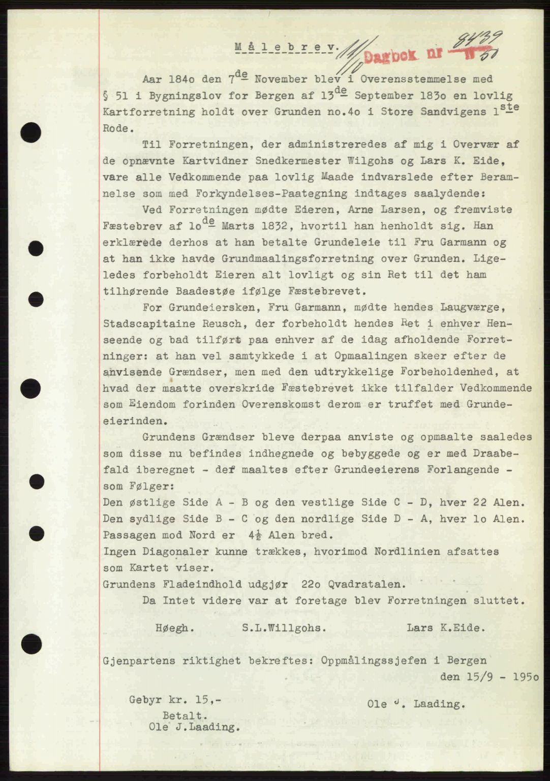 Byfogd og Byskriver i Bergen, SAB/A-3401/03/03Bc/L0034: Mortgage book no. A27-28, 1950-1950, Diary no: : 8439/1950