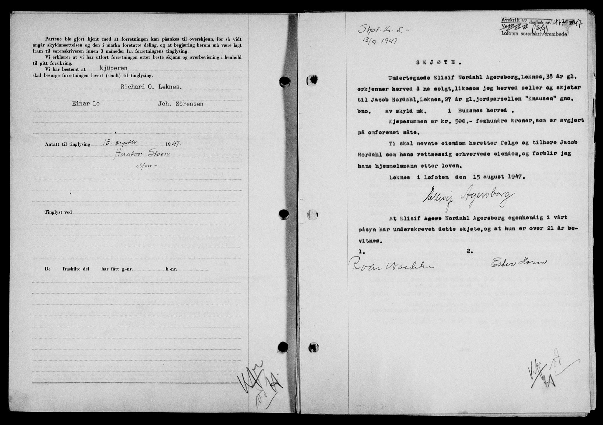 Lofoten sorenskriveri, SAT/A-0017/1/2/2C/L0016a: Mortgage book no. 16a, 1947-1947, Diary no: : 1477/1947