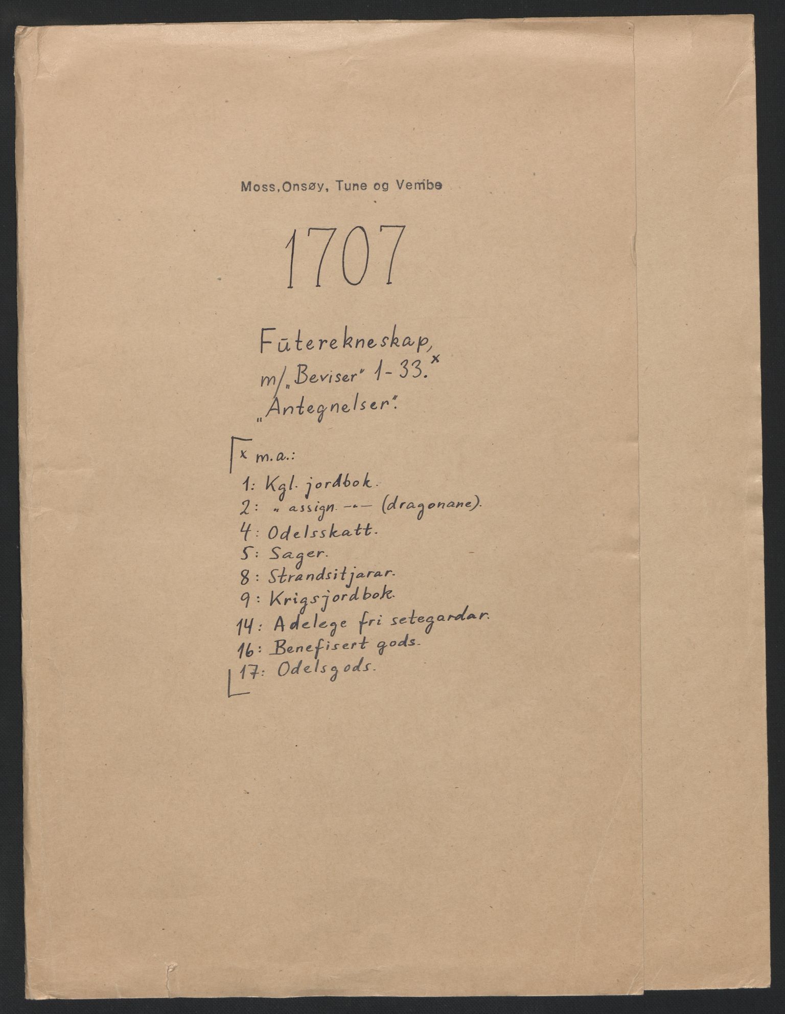 Rentekammeret inntil 1814, Reviderte regnskaper, Fogderegnskap, AV/RA-EA-4092/R04/L0134: Fogderegnskap Moss, Onsøy, Tune, Veme og Åbygge, 1707-1708, p. 2