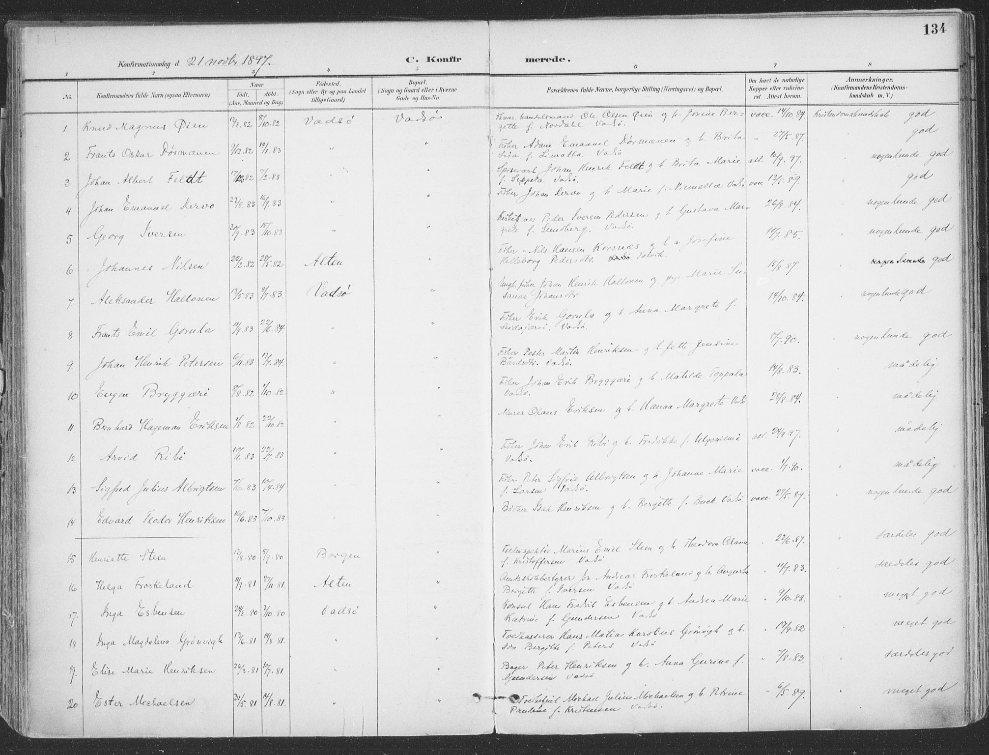Vadsø sokneprestkontor, SATØ/S-1325/H/Ha/L0007kirke: Parish register (official) no. 7, 1896-1916, p. 134