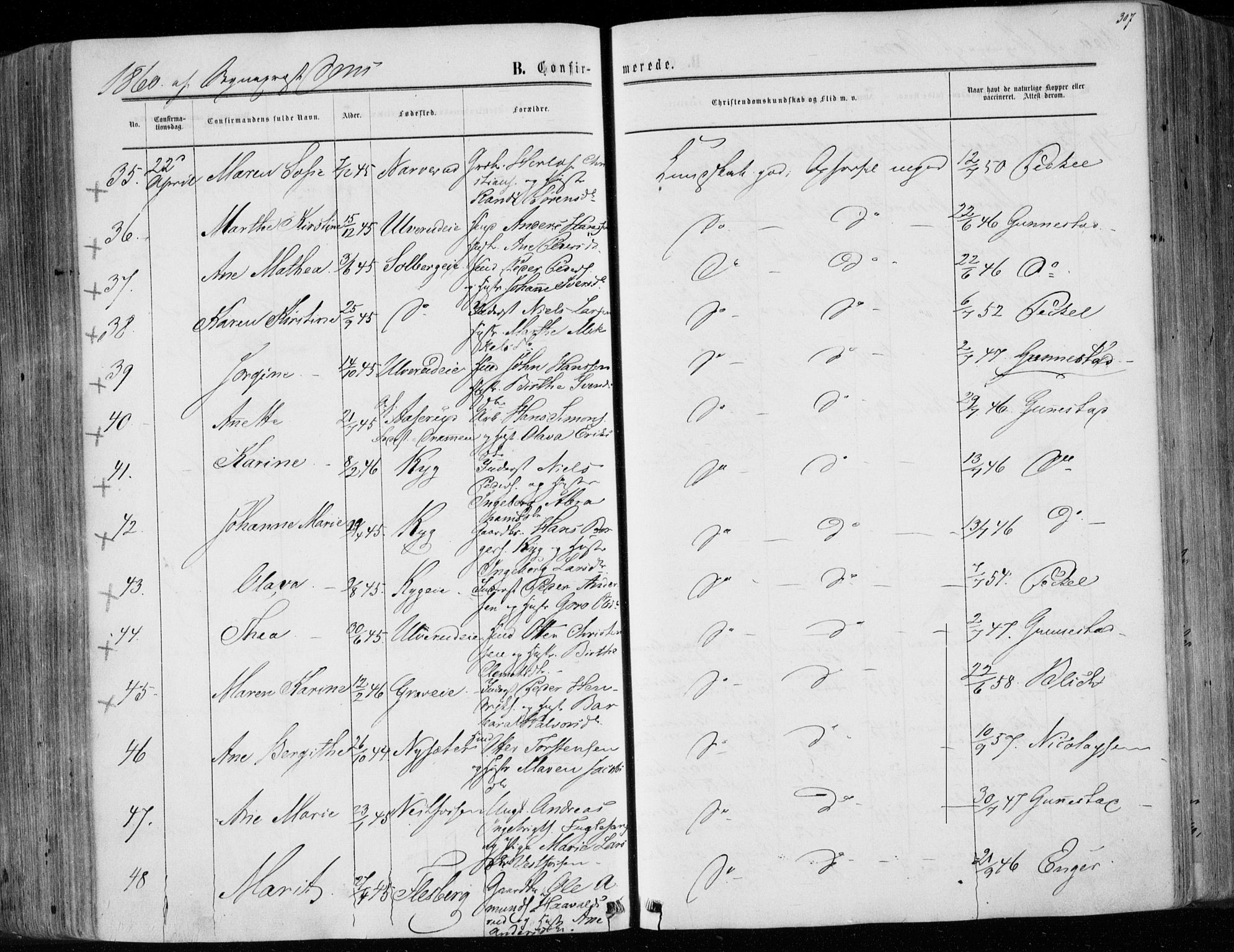 Eiker kirkebøker, SAKO/A-4/F/Fa/L0016: Parish register (official) no. I 16, 1860-1868, p. 307