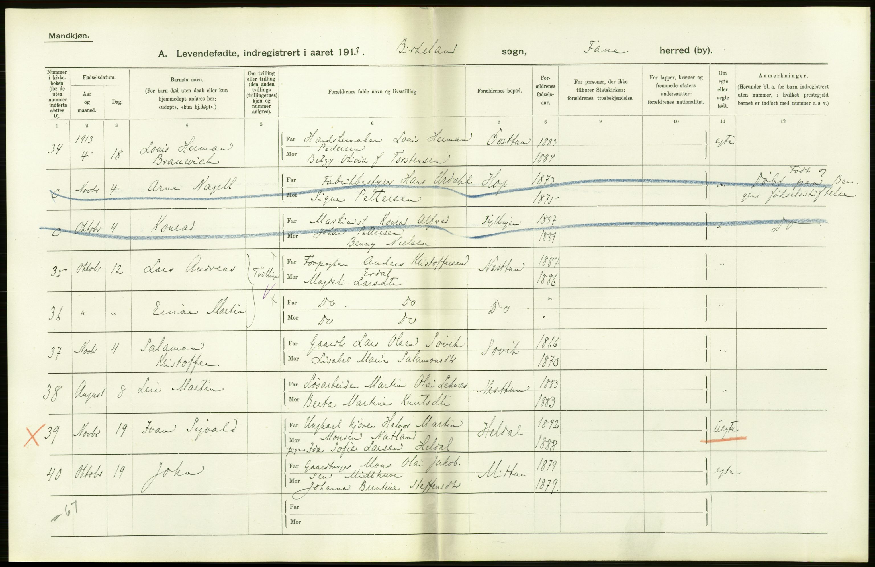 Statistisk sentralbyrå, Sosiodemografiske emner, Befolkning, AV/RA-S-2228/D/Df/Dfb/Dfbc/L0028: S. Bergenhus amt: Levendefødte menn og kvinner. Bygder., 1913