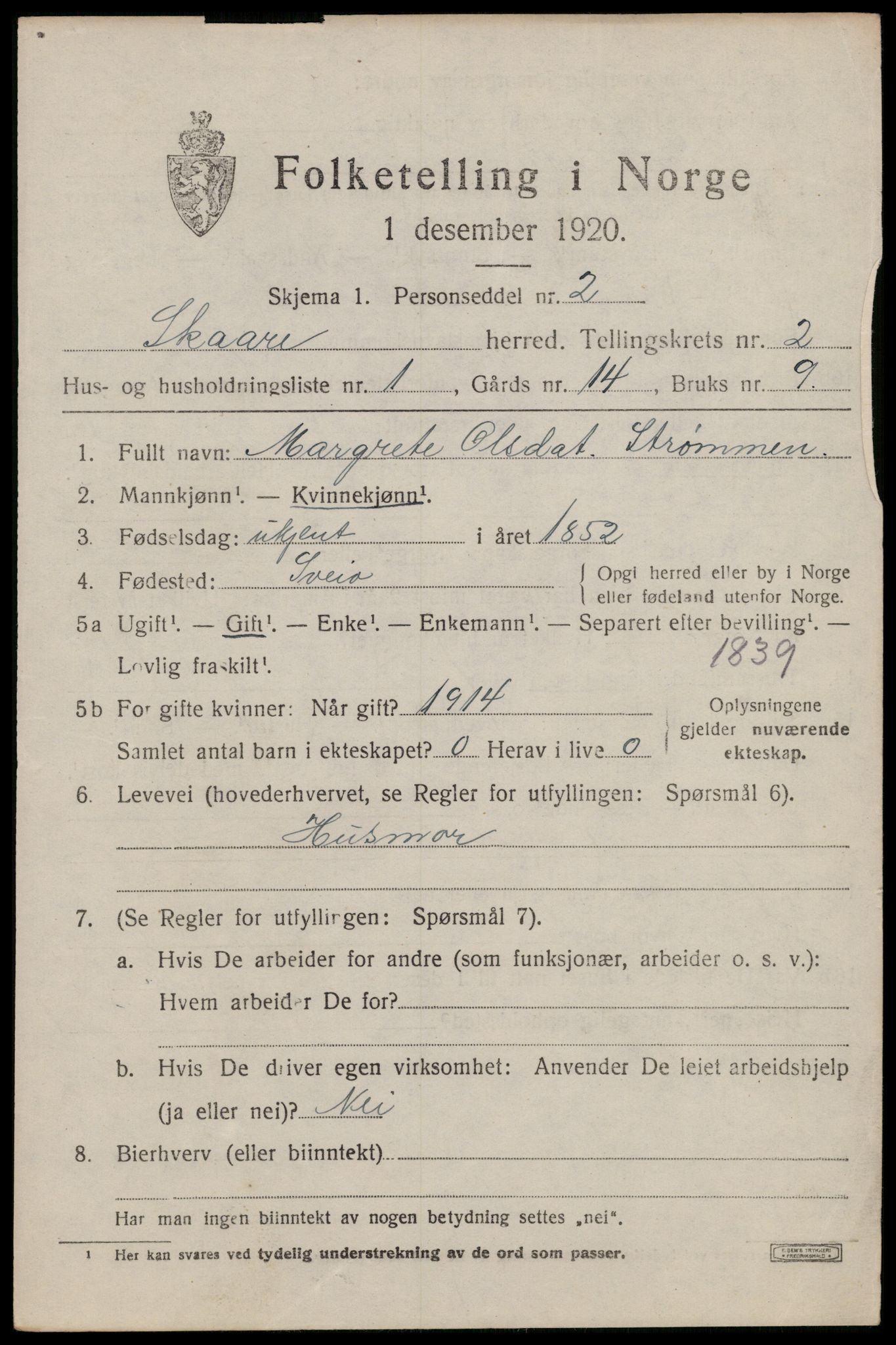 SAST, 1920 census for Skåre, 1920, p. 1270