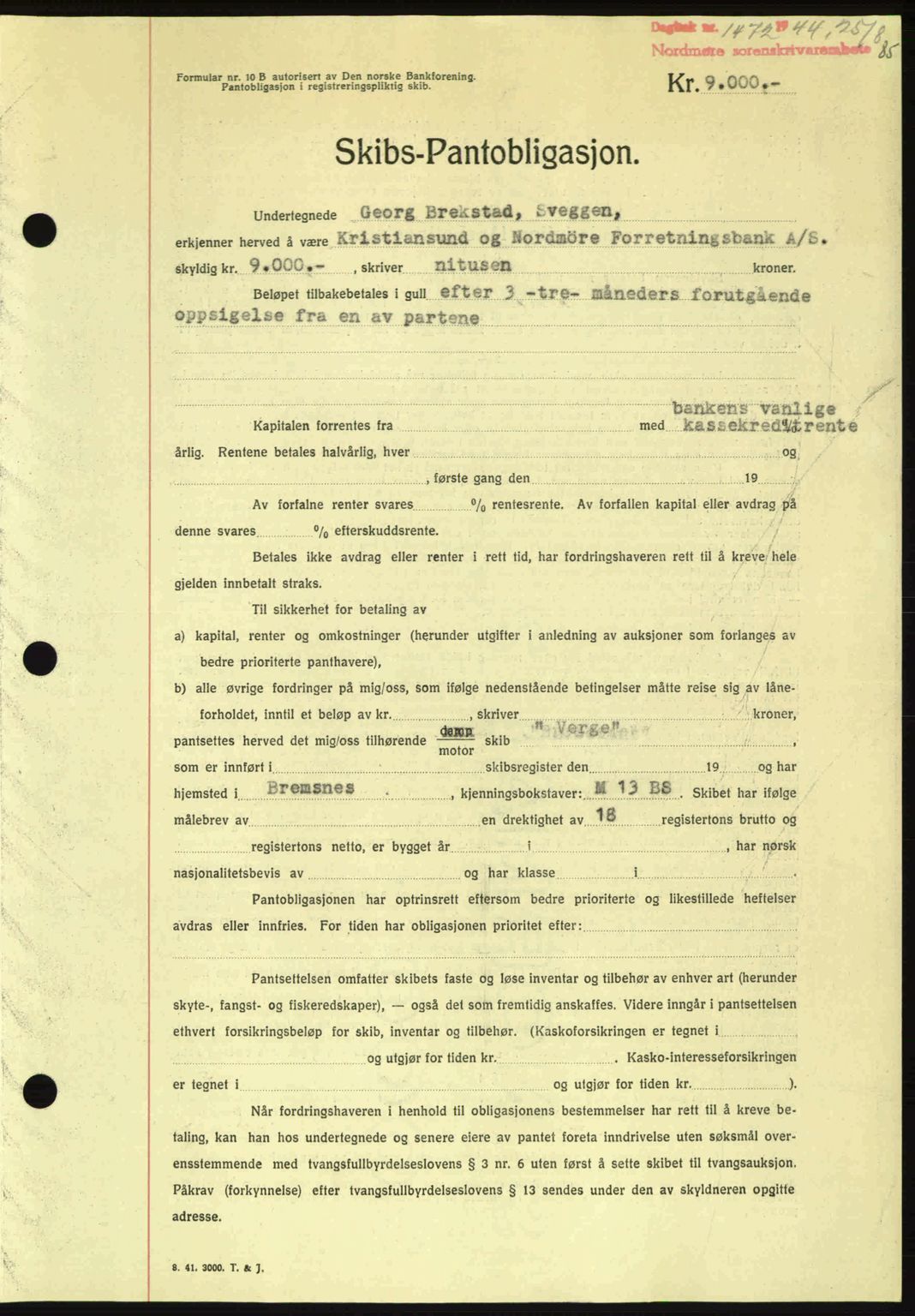 Nordmøre sorenskriveri, AV/SAT-A-4132/1/2/2Ca: Mortgage book no. B92, 1944-1945, Diary no: : 1472/1944