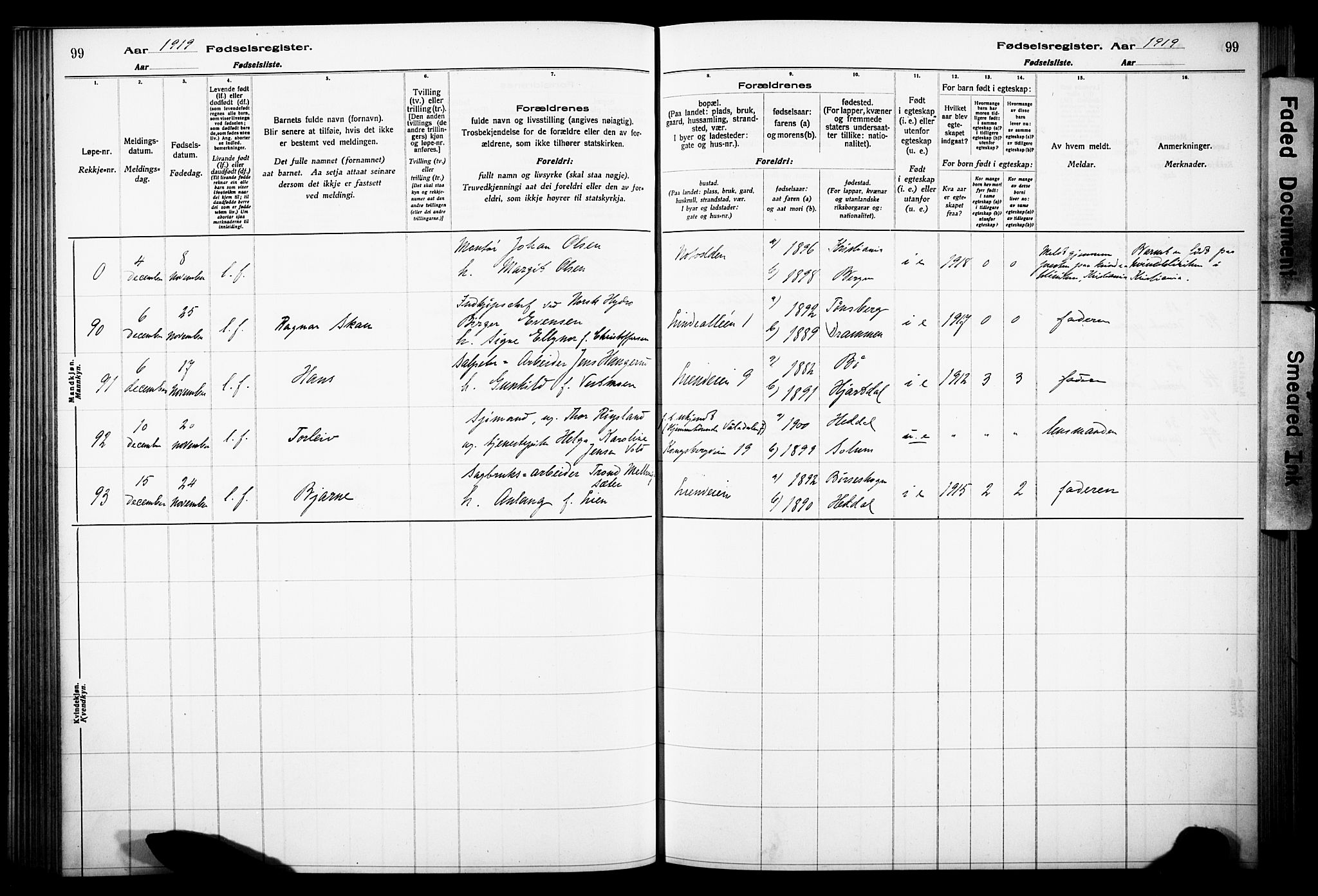 Notodden kirkebøker, AV/SAKO-A-290/J/Ja/L0001: Birth register no. 1, 1916-1924, p. 99