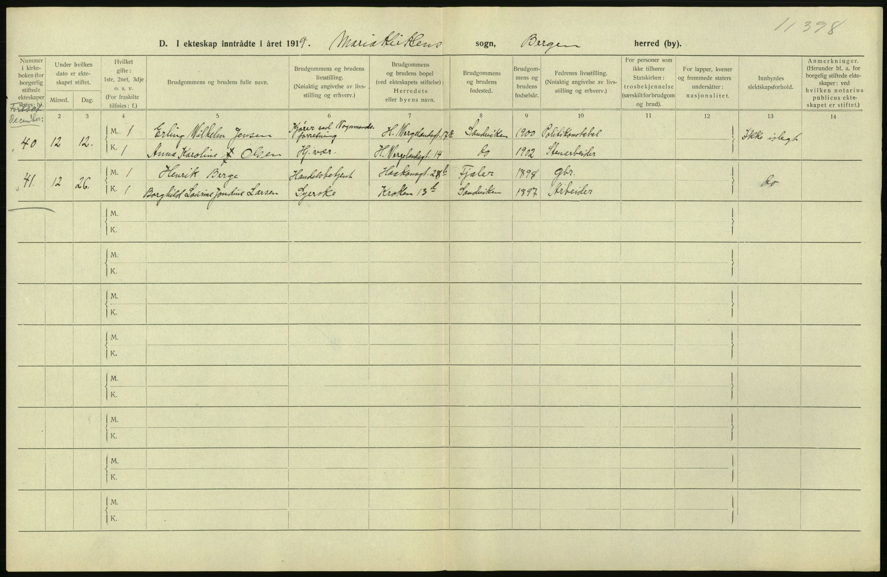 Statistisk sentralbyrå, Sosiodemografiske emner, Befolkning, RA/S-2228/D/Df/Dfb/Dfbi/L0035: Bergen: Gifte, døde, dødfødte., 1919, p. 96