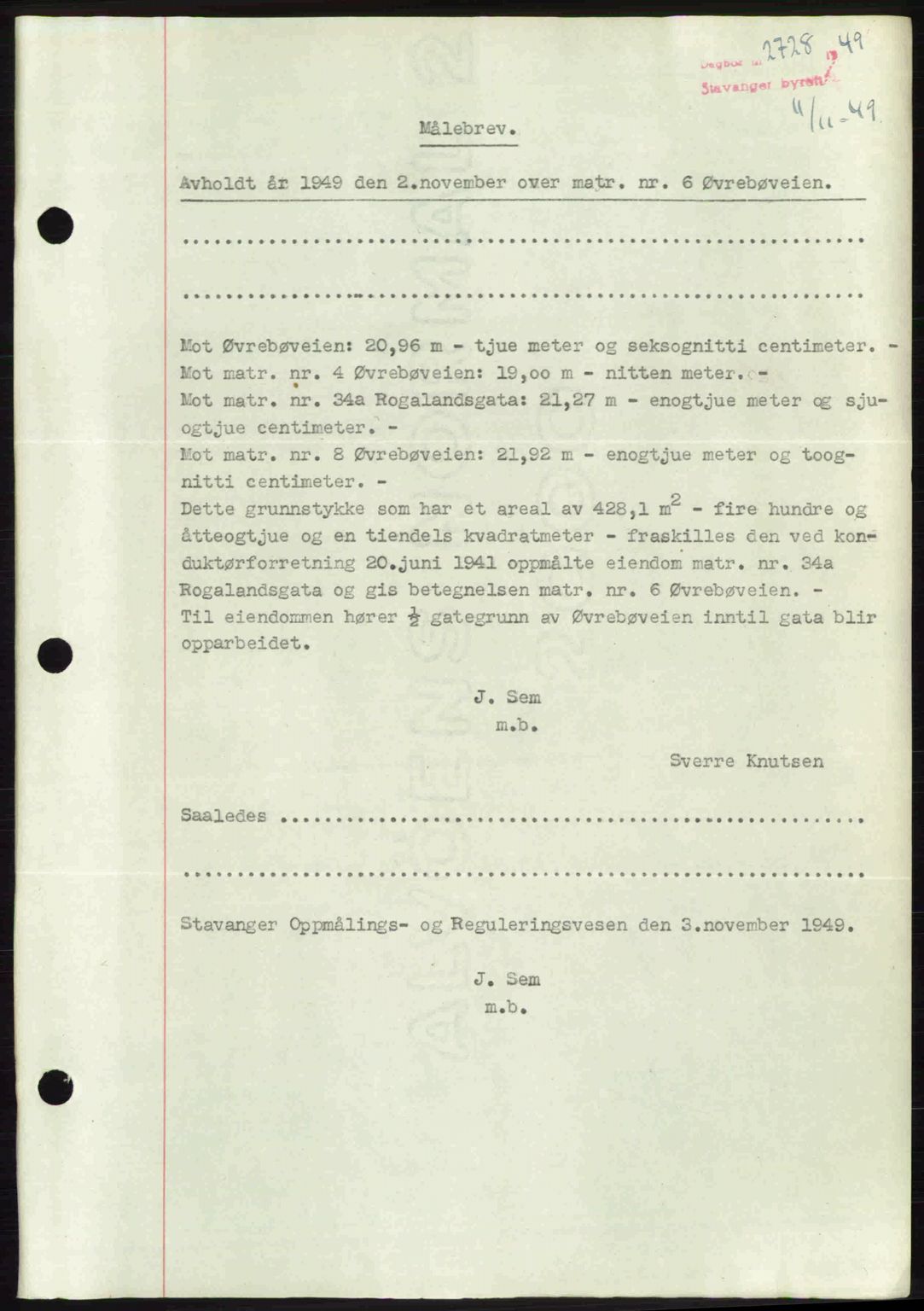 Stavanger byrett, SAST/A-100455/002/G/Gb/L0023: Mortgage book no. A12, 1948-1949, Diary no: : 2728/1949